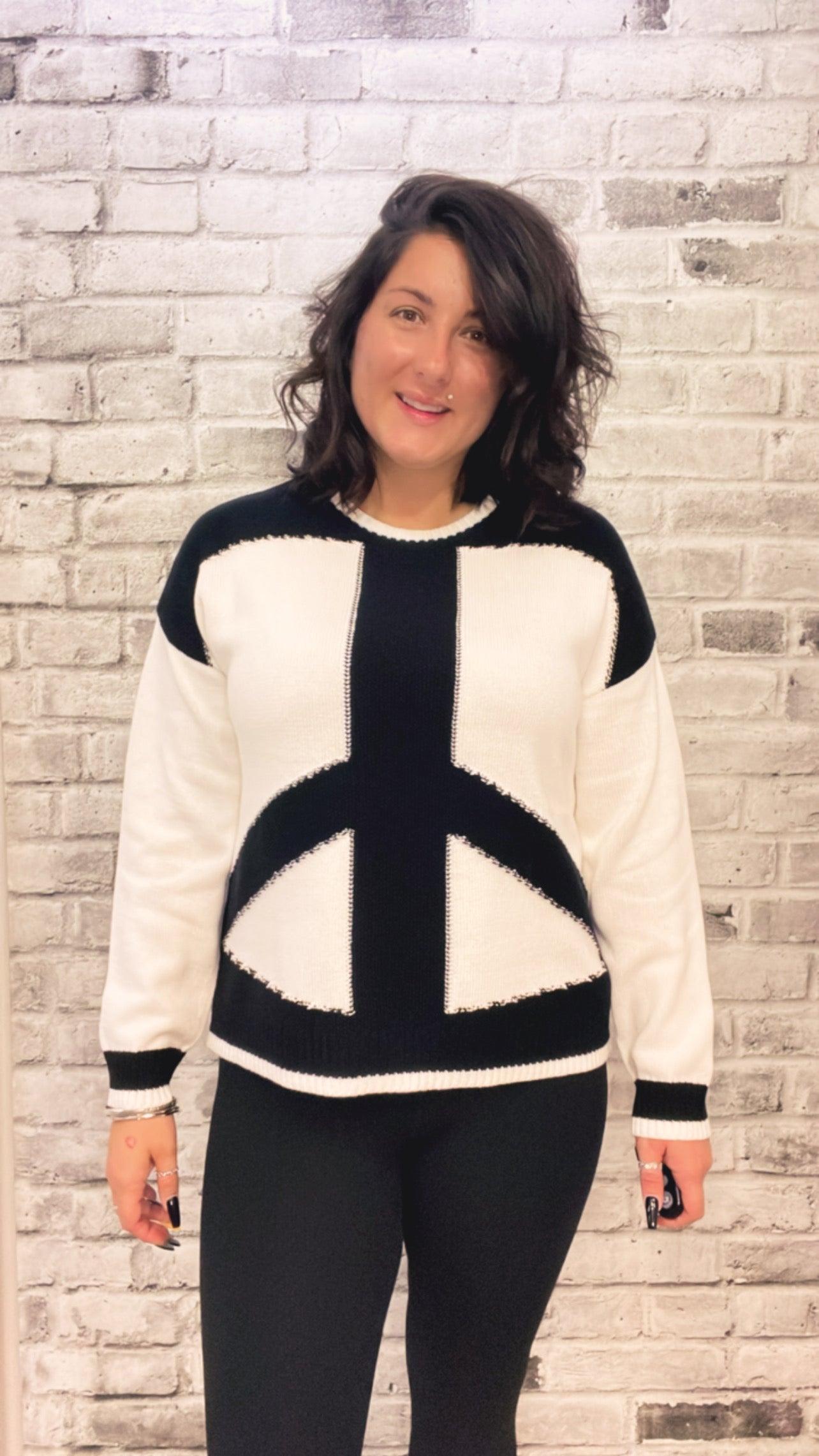 Crew-Neck Drop Shoulder Peace Sign Jacquard Sweater -10074