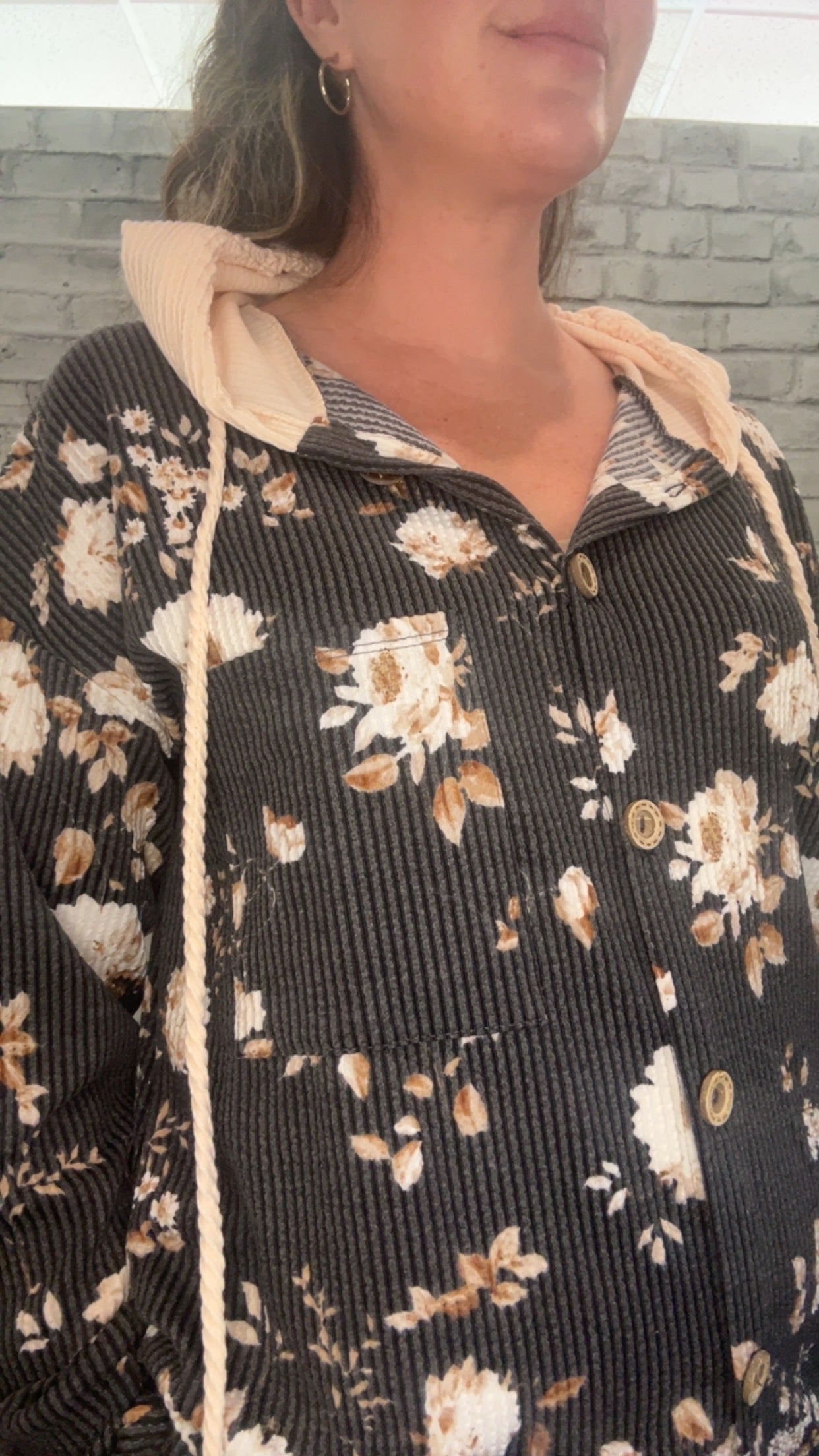 Floral Print Button-Up Hoodie Shacket - 21007