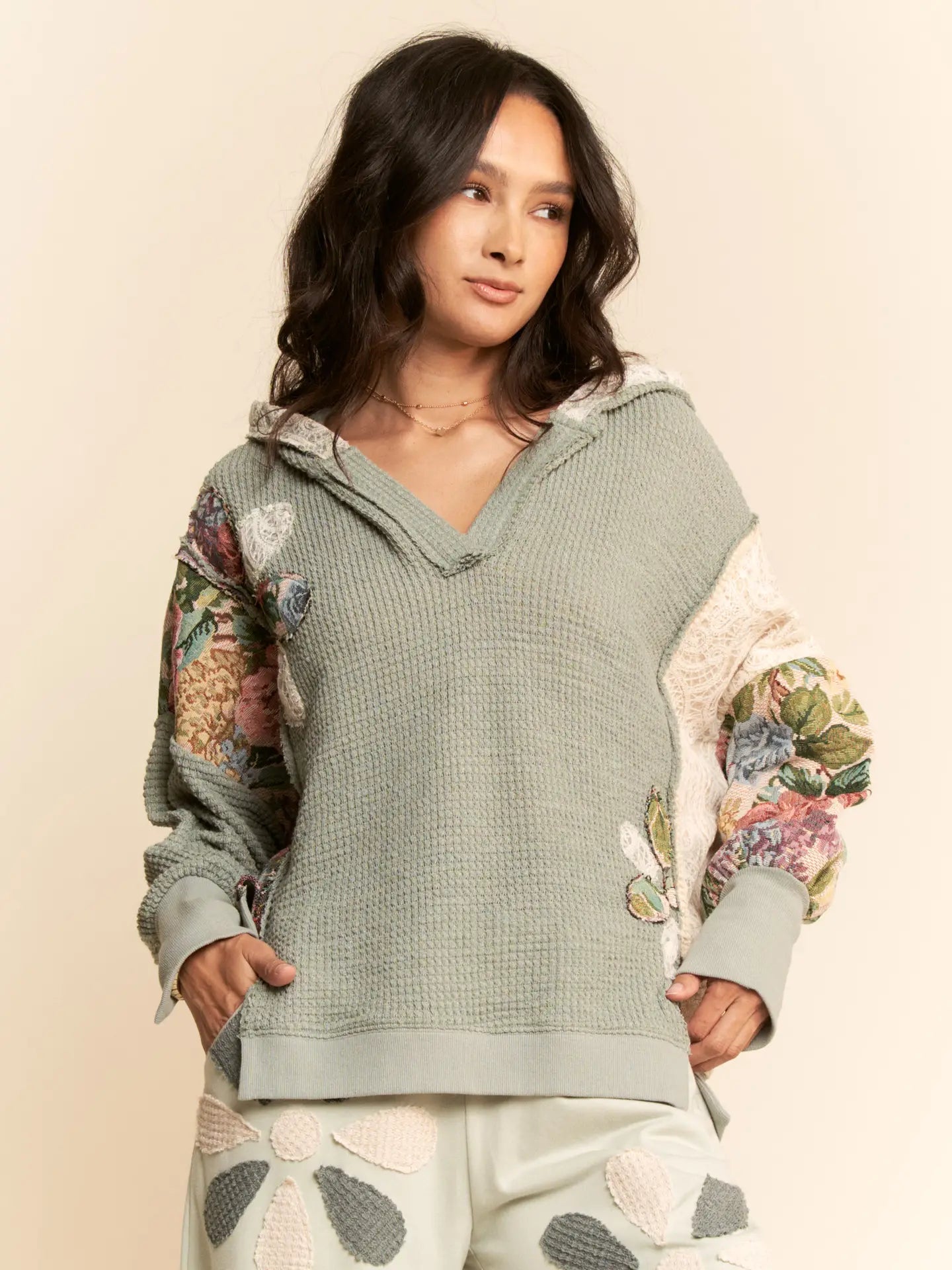 Soft Waffle Knit Flow Patchwork Hoodie - 50052