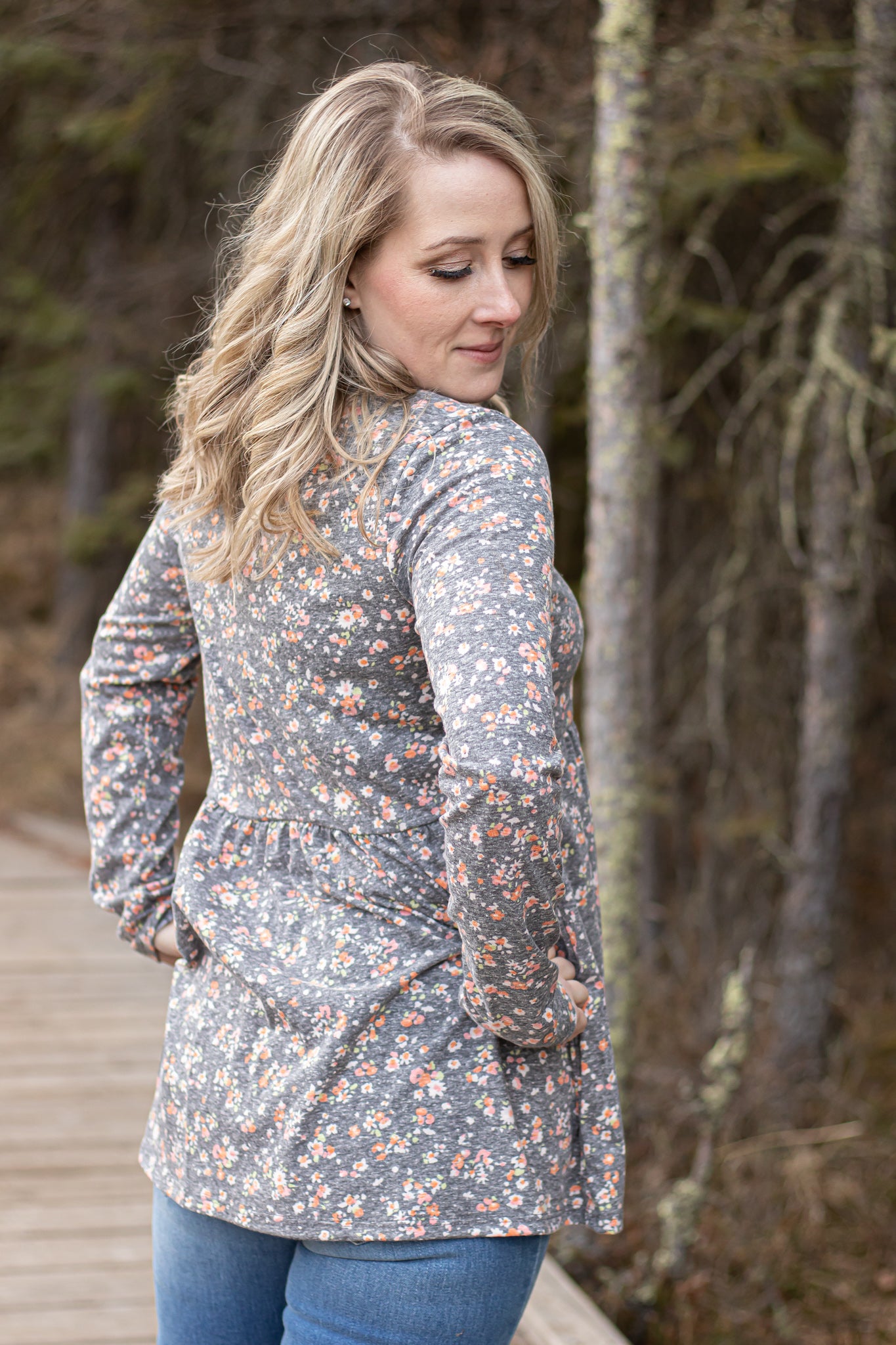 Grey Floral Print Long Sleeve -10066