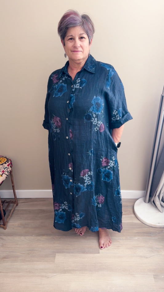 Long Navy floral duster - 60006