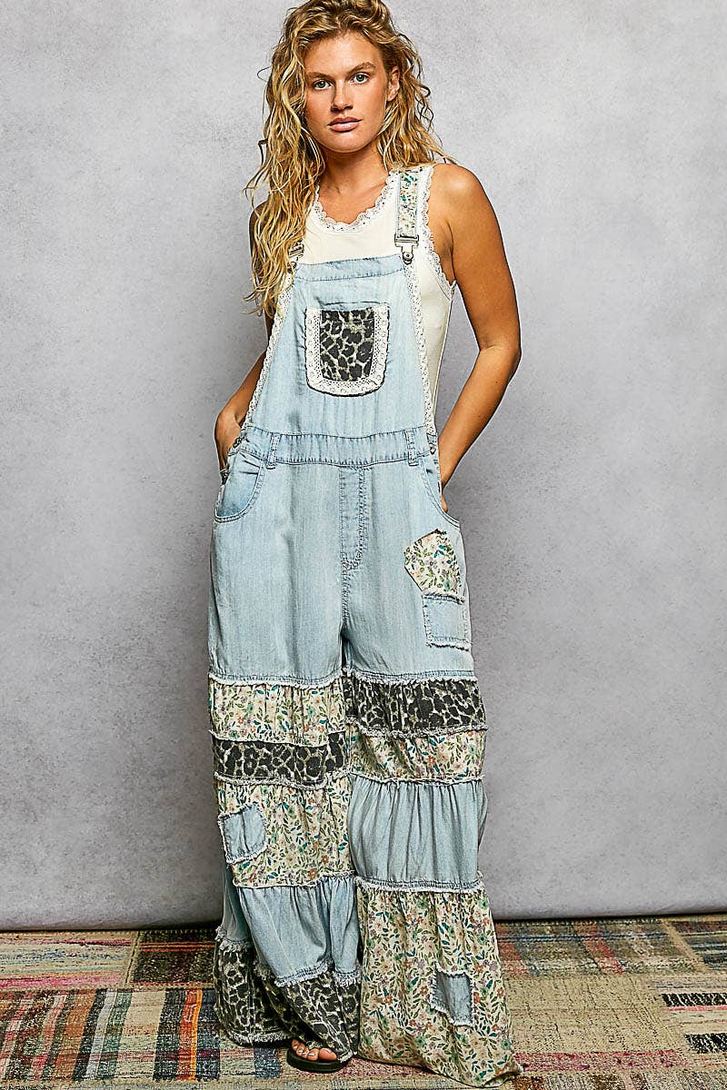 Feminine Mixed Printed Fabric Ruffle Wide Leg Overall - 90002