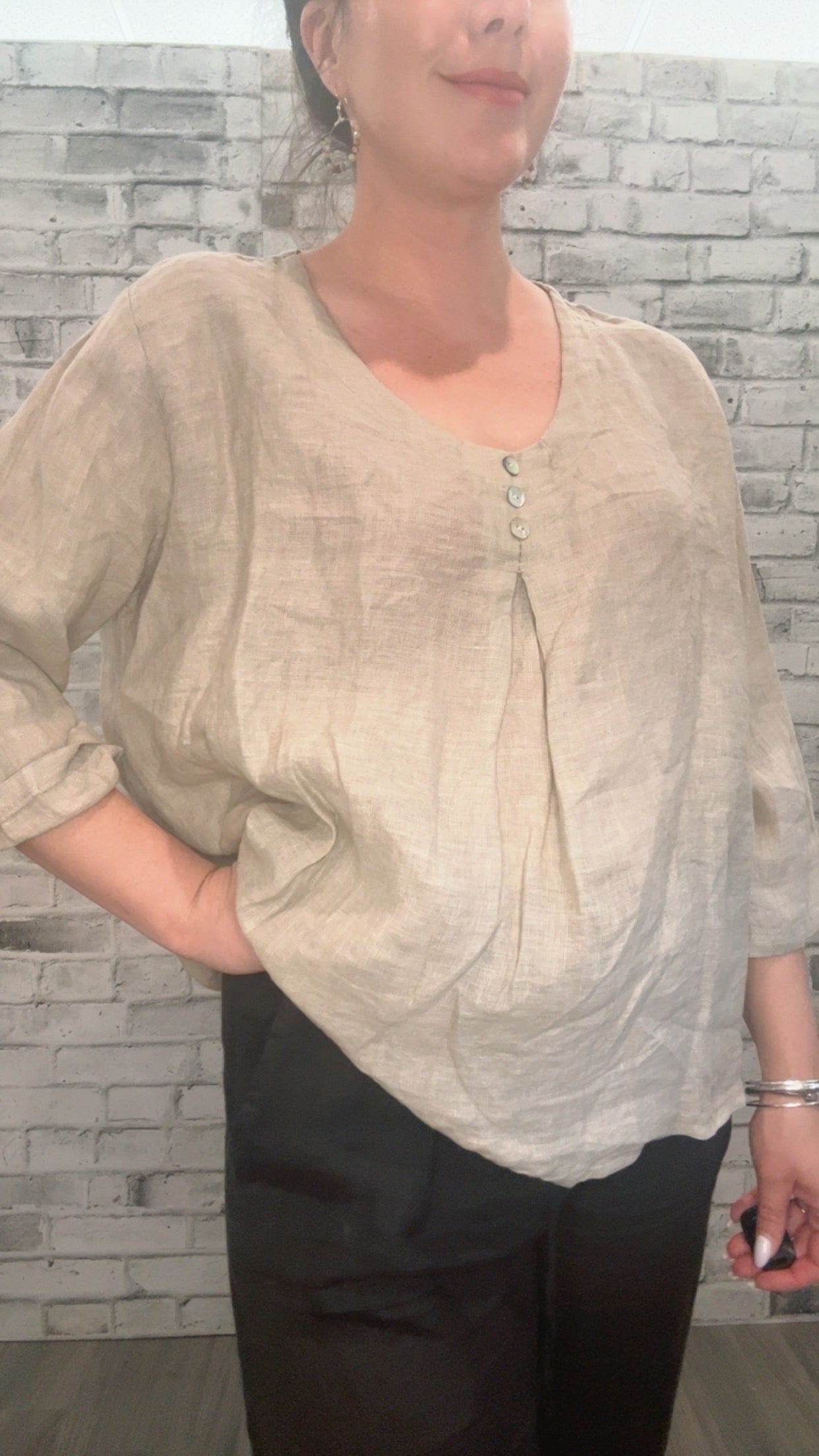 Linen Button 3/4 Sleeve Shirt - 21005
