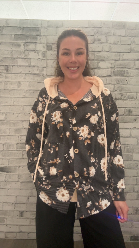 Floral Print Button-Up Hoodie Shacket - 21007