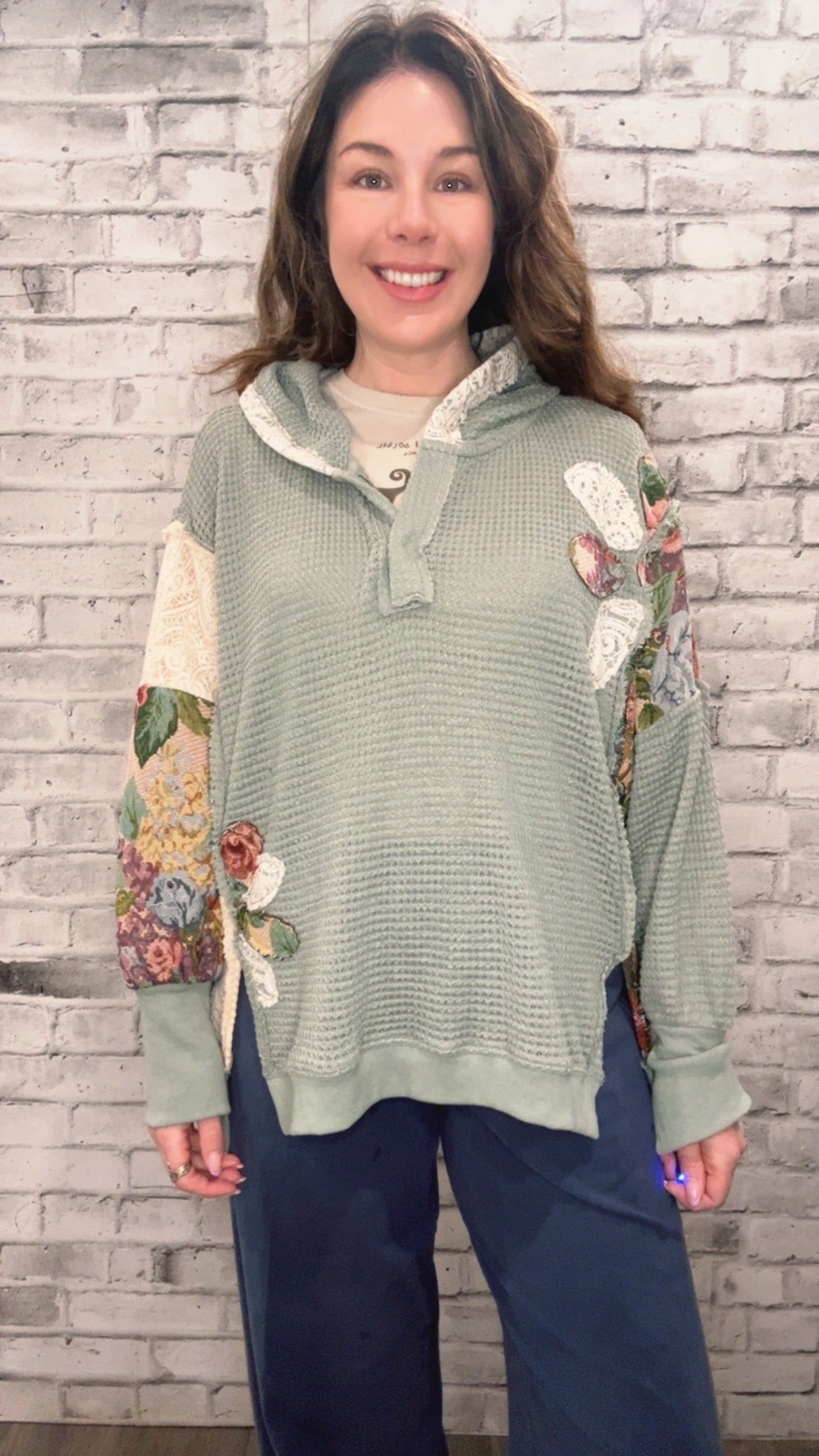 Soft Waffle Knit Flow Patchwork Hoodie - 50052