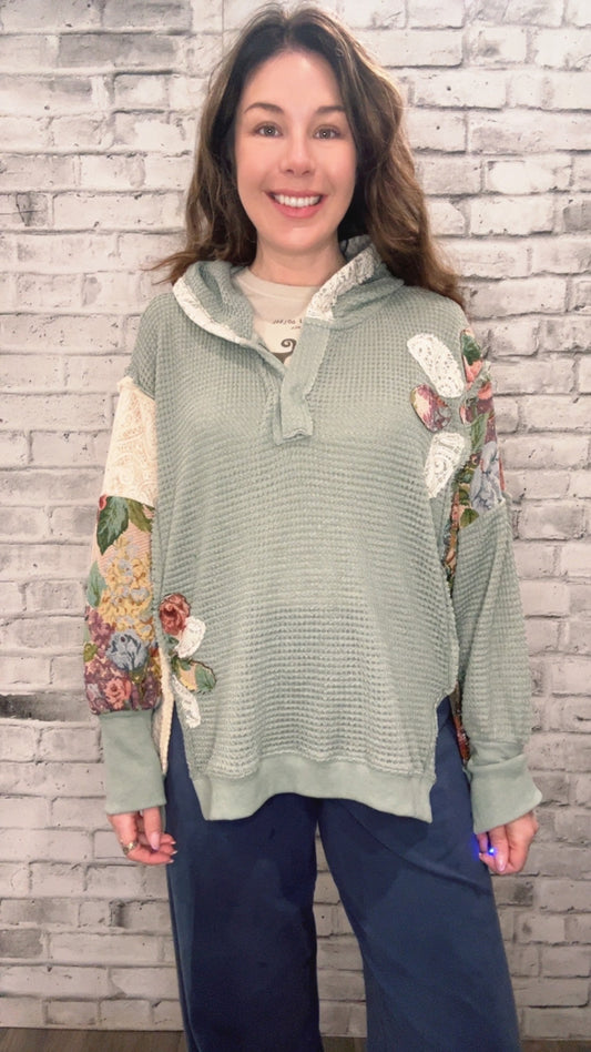 Soft Waffle Knit Flow Patchwork Hoodie - 50052