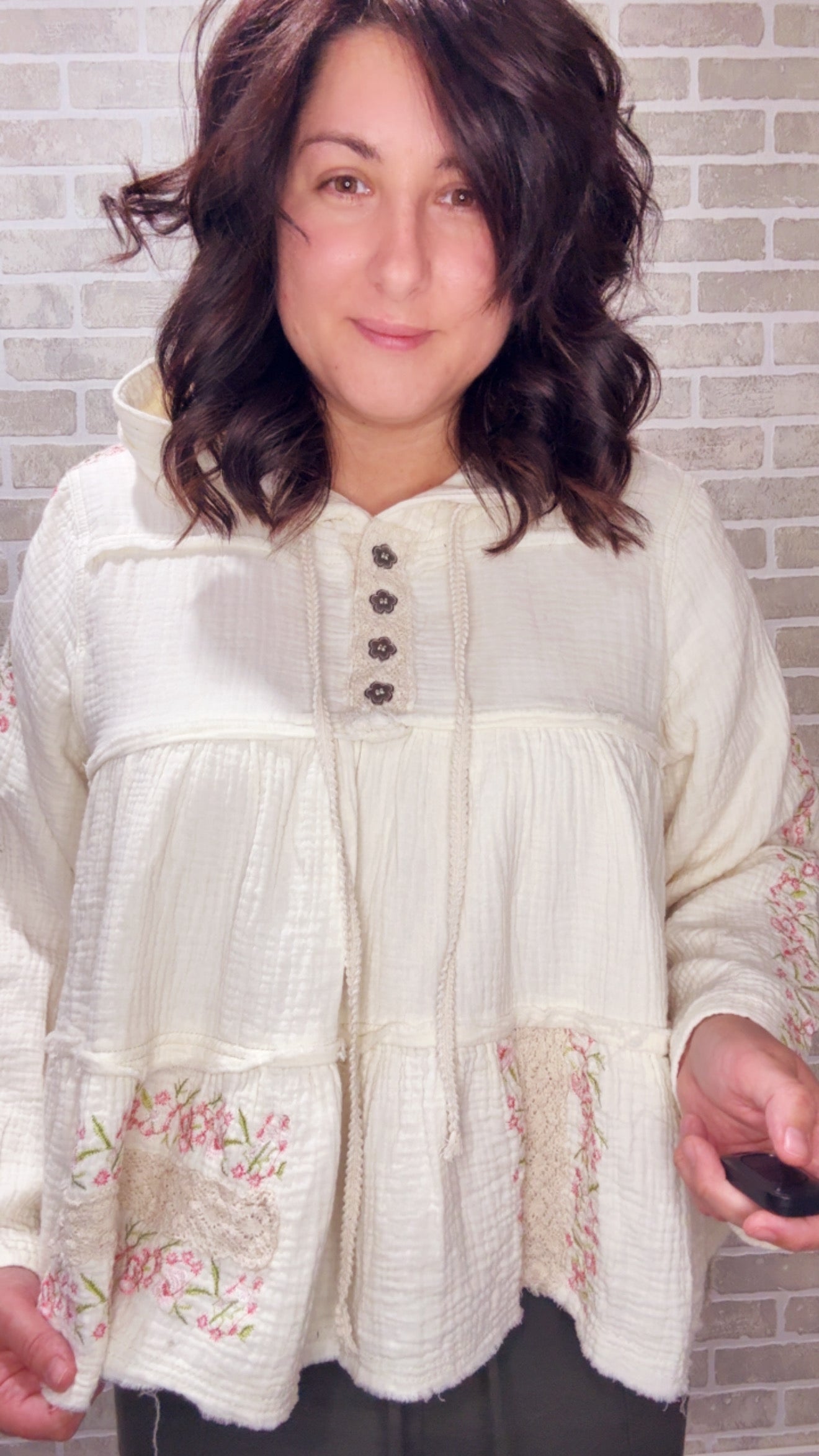 Embroidery Woven Natural Top - 50098