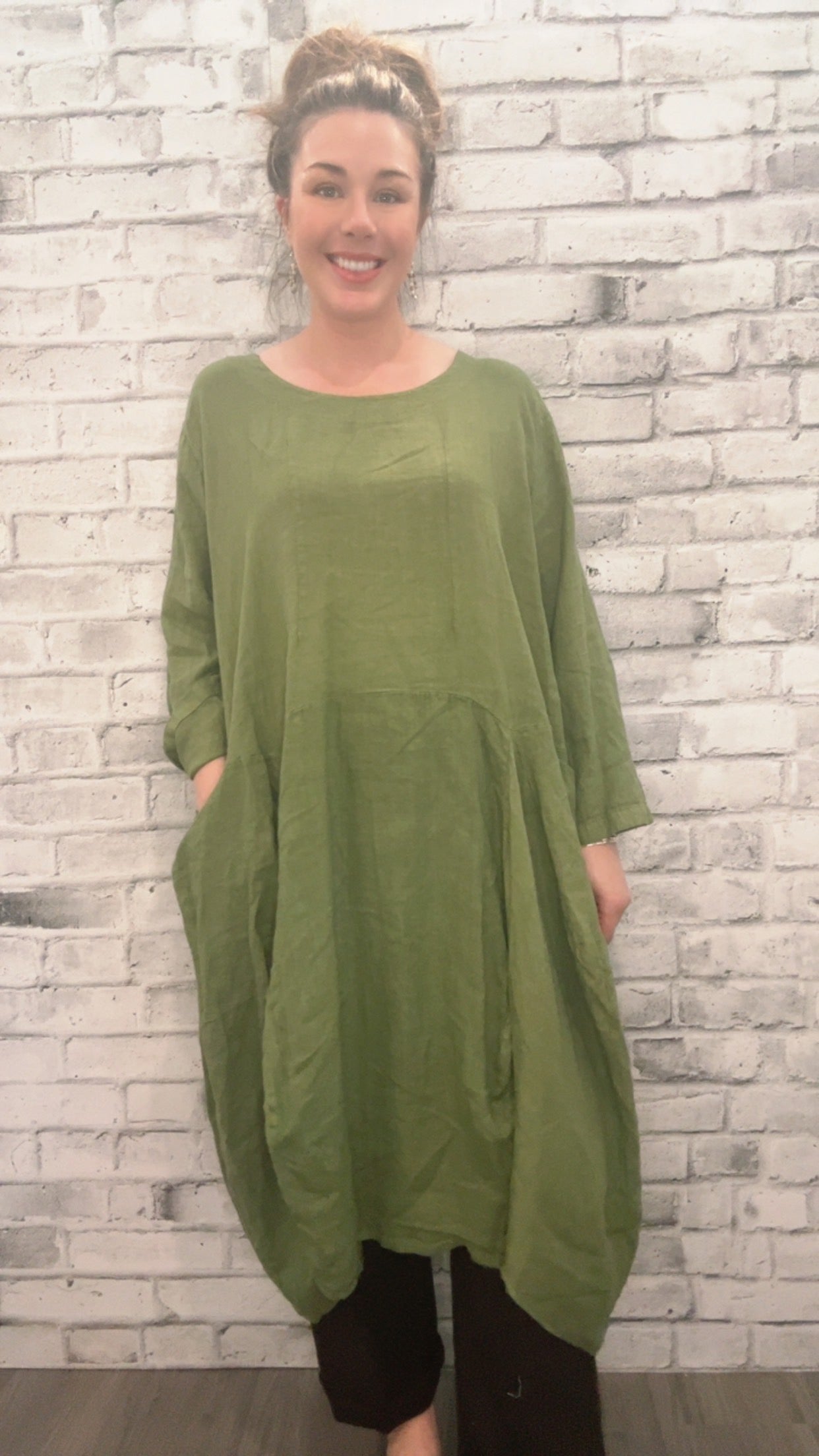 Olive Linen Dress in Plus Size - 21006