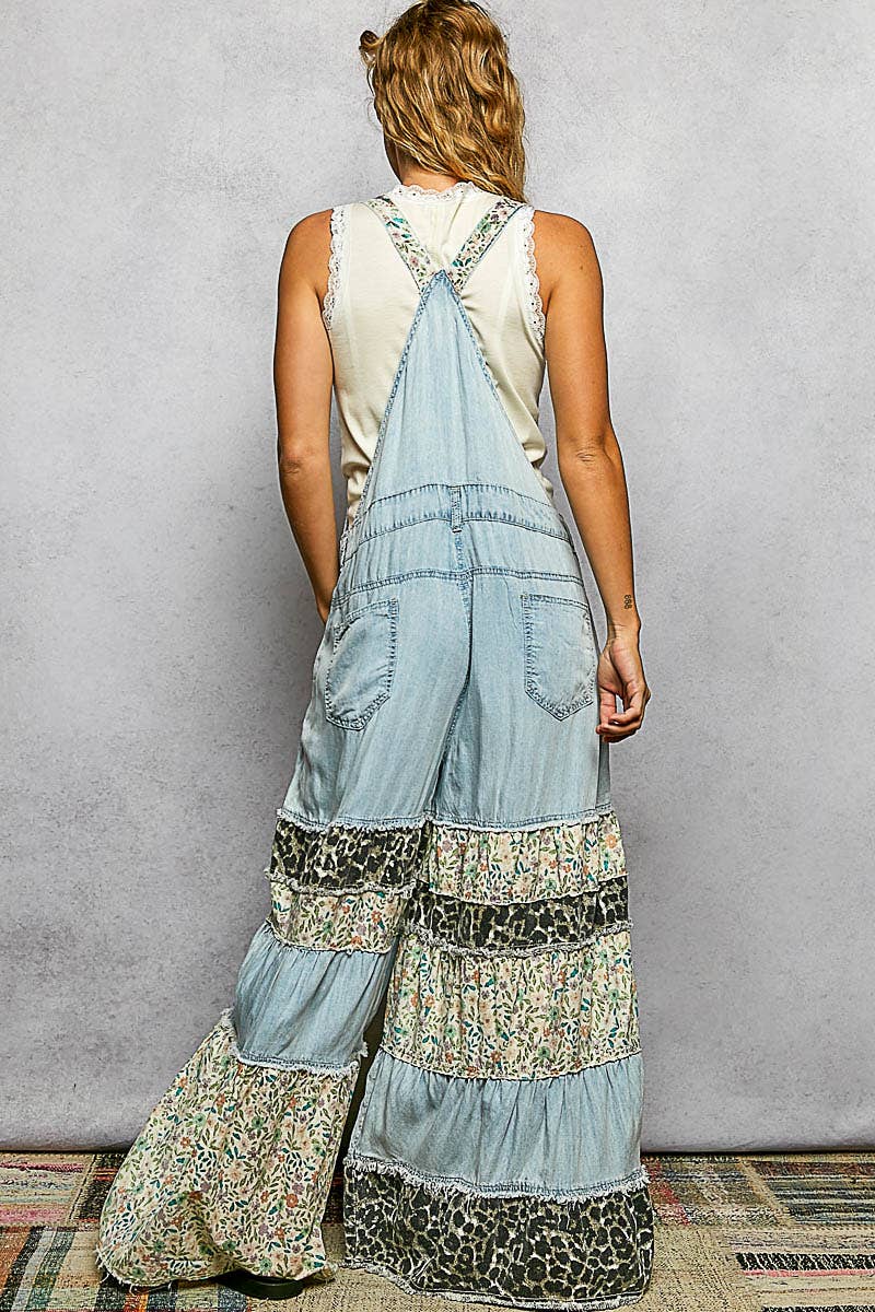 Feminine Mixed Printed Fabric Ruffle Wide Leg Overall - 90002