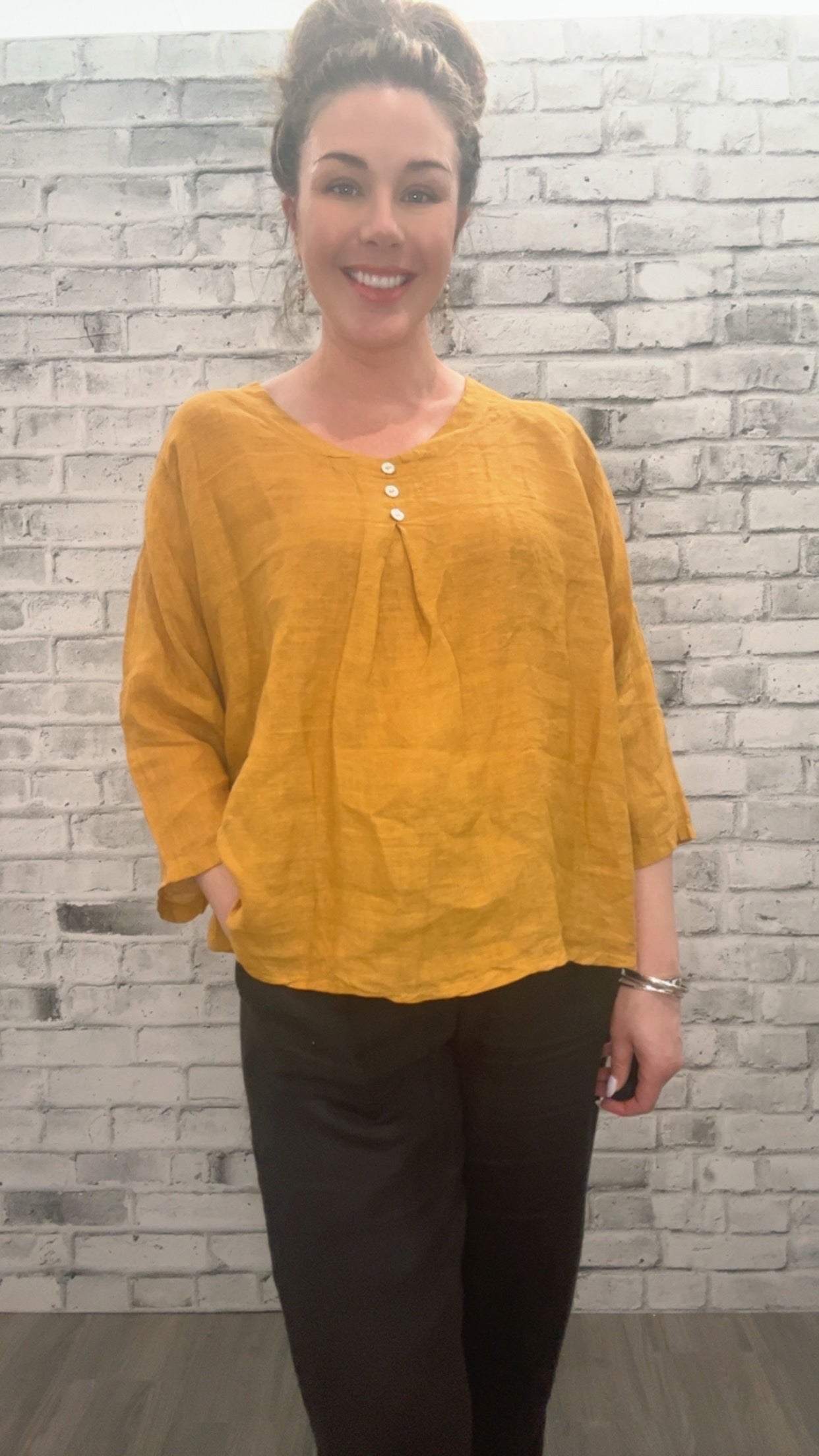 Linen Button 3/4 Sleeve Shirt - 21005