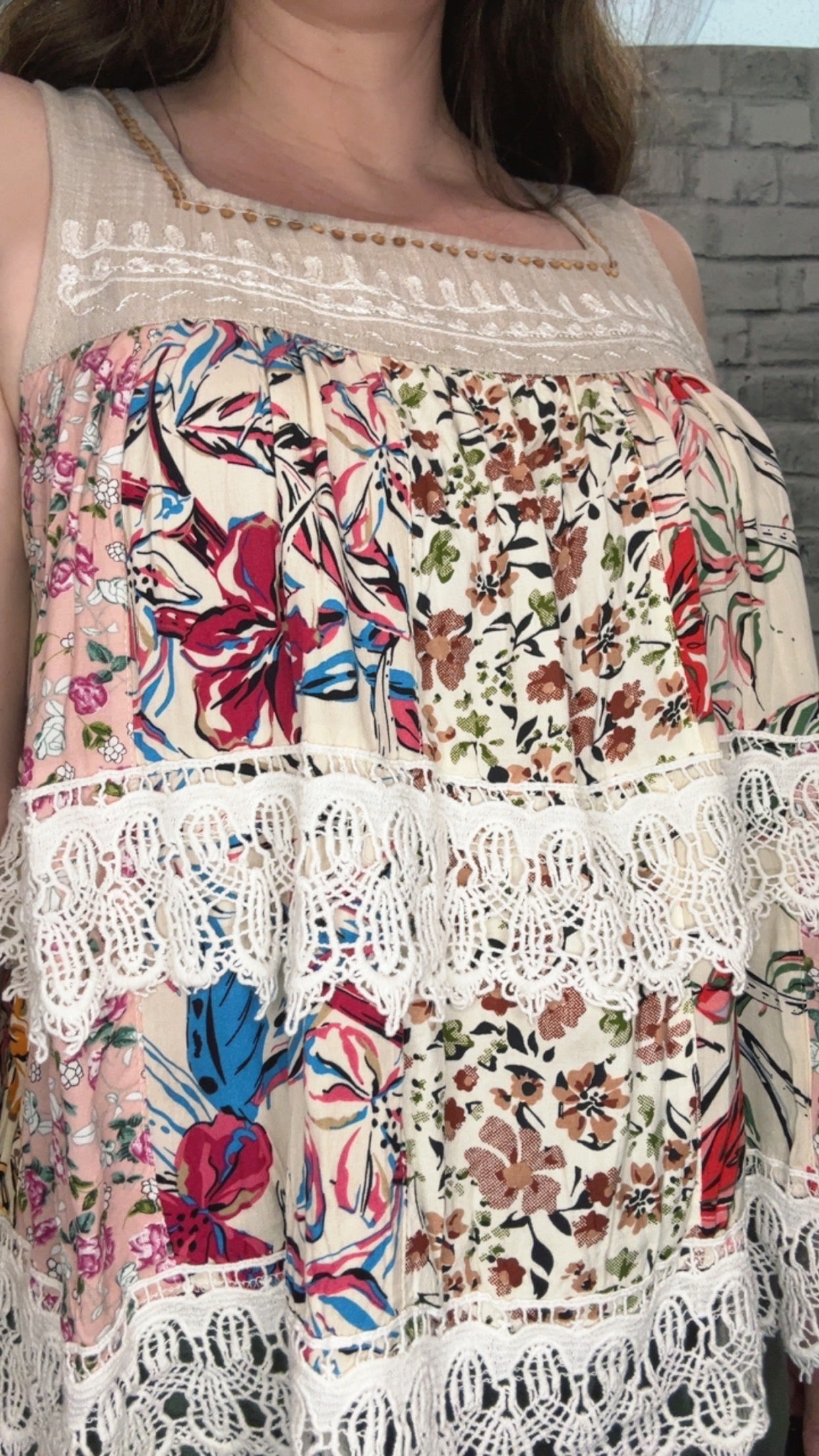 Boho Tiered Floral Print Tank Top with Lace Detailing- 70013