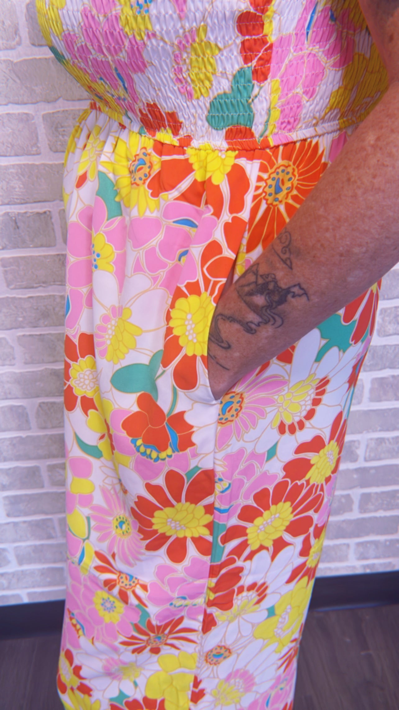 Floral Print Shirred Wide Leg Jumpsuit-11001