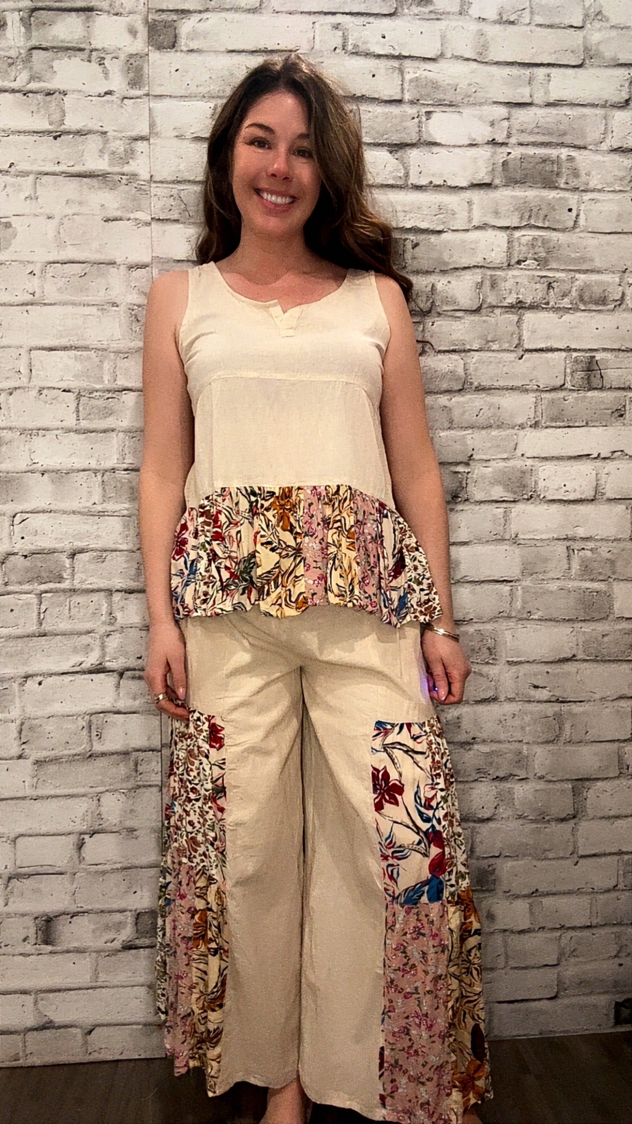 Floral Peplum Tank & Wide-Leg Pants Set - 70010