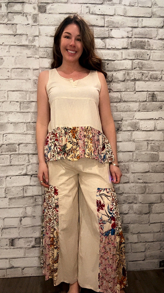 Floral Peplum Tank & Wide-Leg Pants Set - 70010