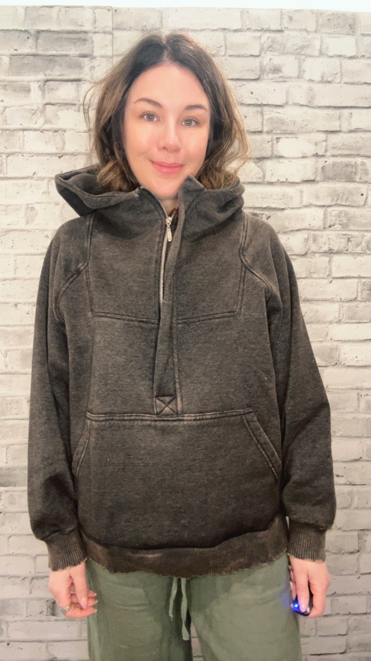 Acid Wash Fleece Oversized 1/4 Zip Kangaroo Hoodie - 50050