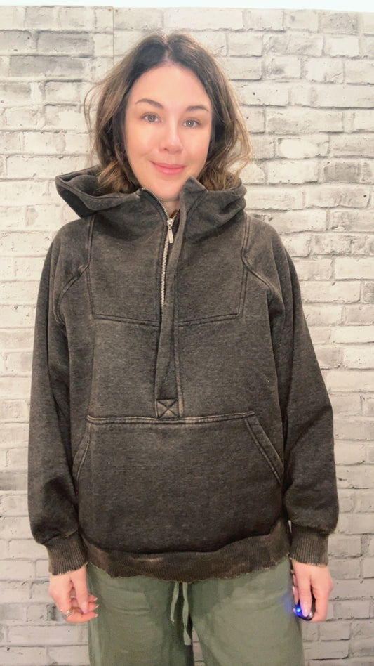 Acid Wash Fleece Oversized 1/4 Zip Kangaroo Hoodie - 50050