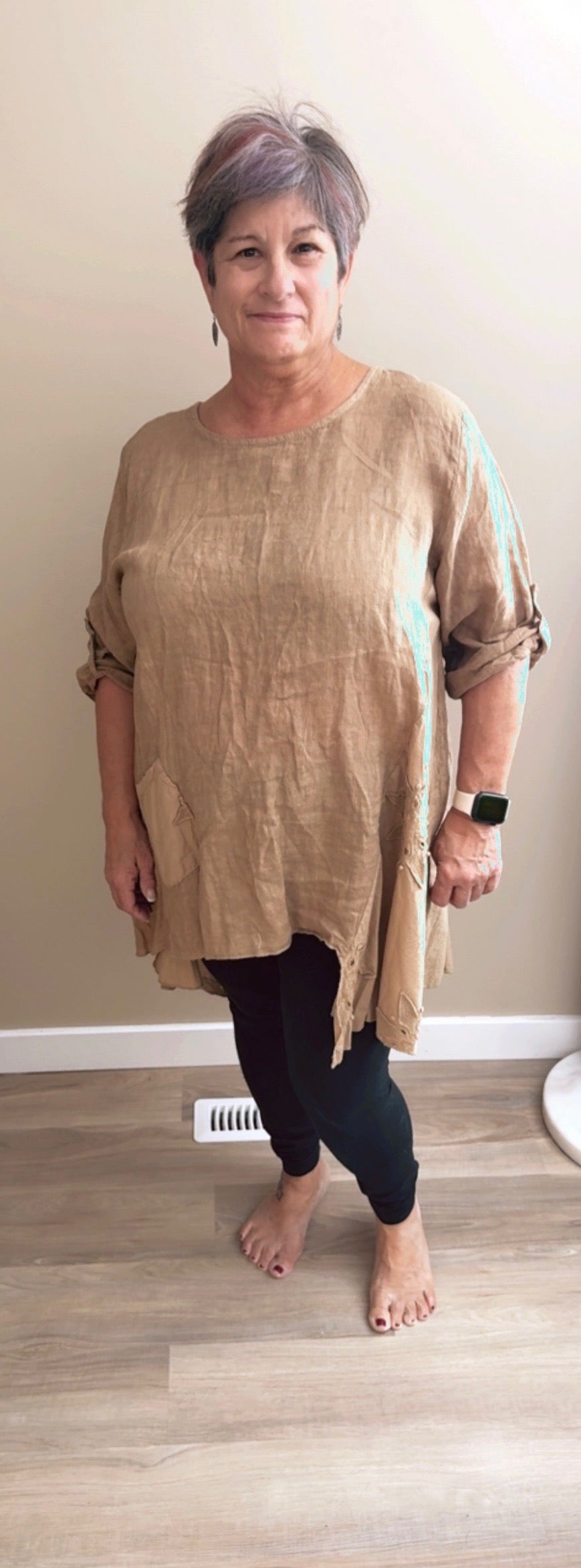 Linen Long blouse with Flower detail - 60012