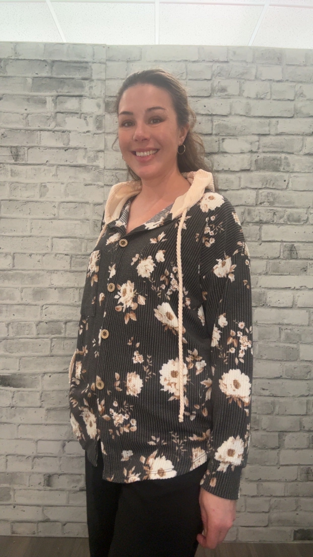 Floral Print Button-Up Hoodie Shacket - 21007