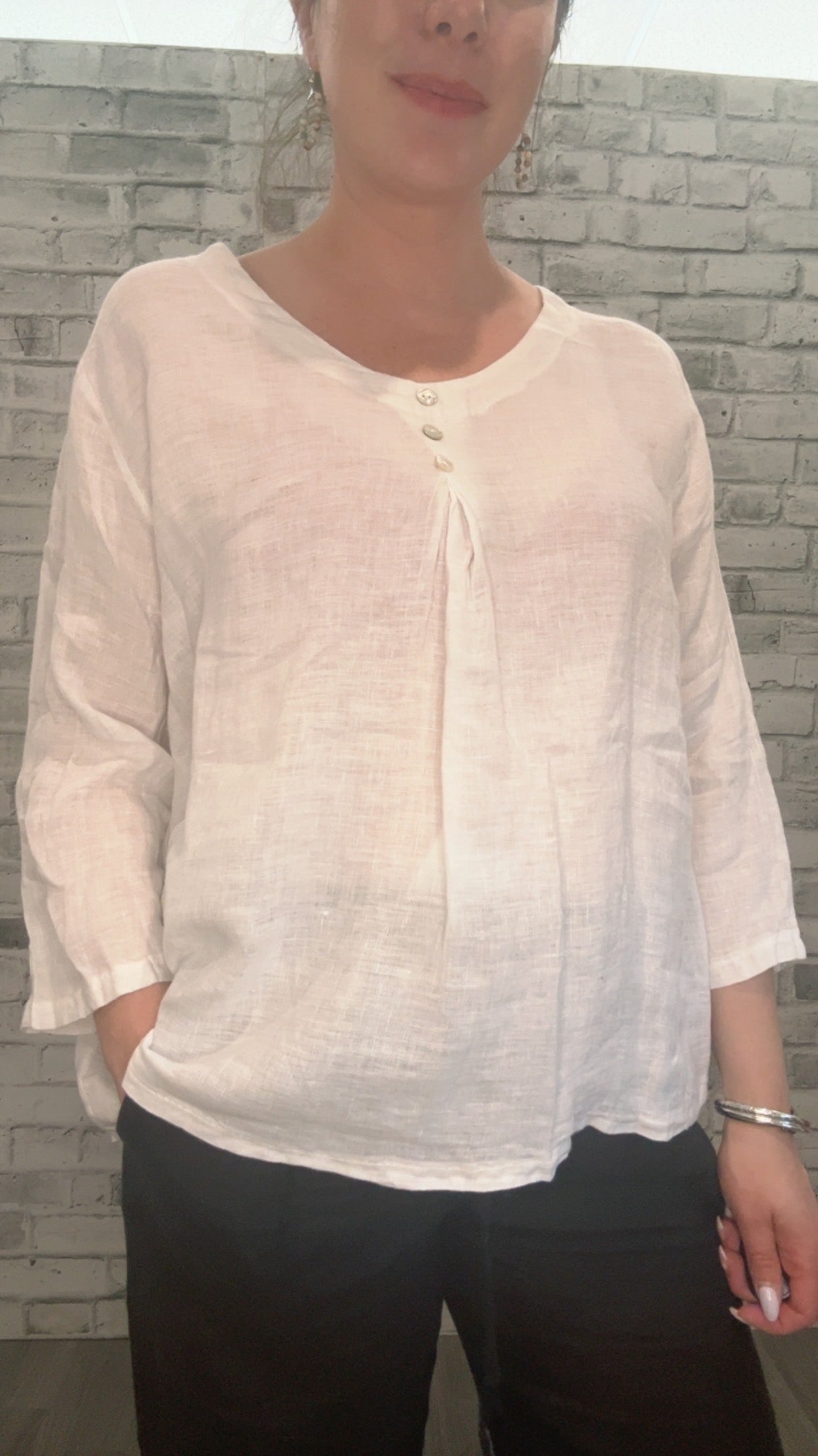 Linen Button 3/4 Sleeve Shirt - 21005