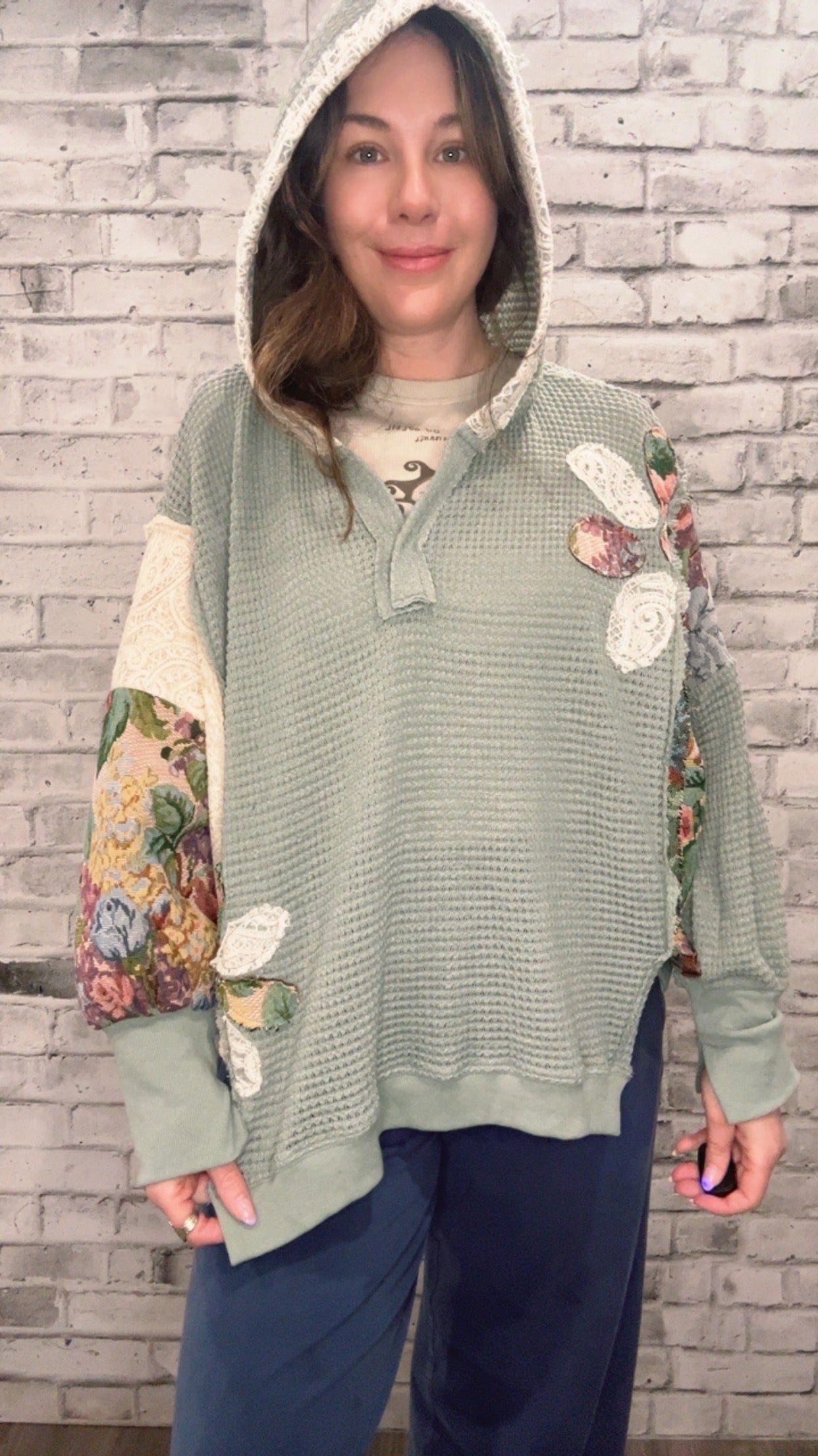 Soft Waffle Knit Flow Patchwork Hoodie - 50052