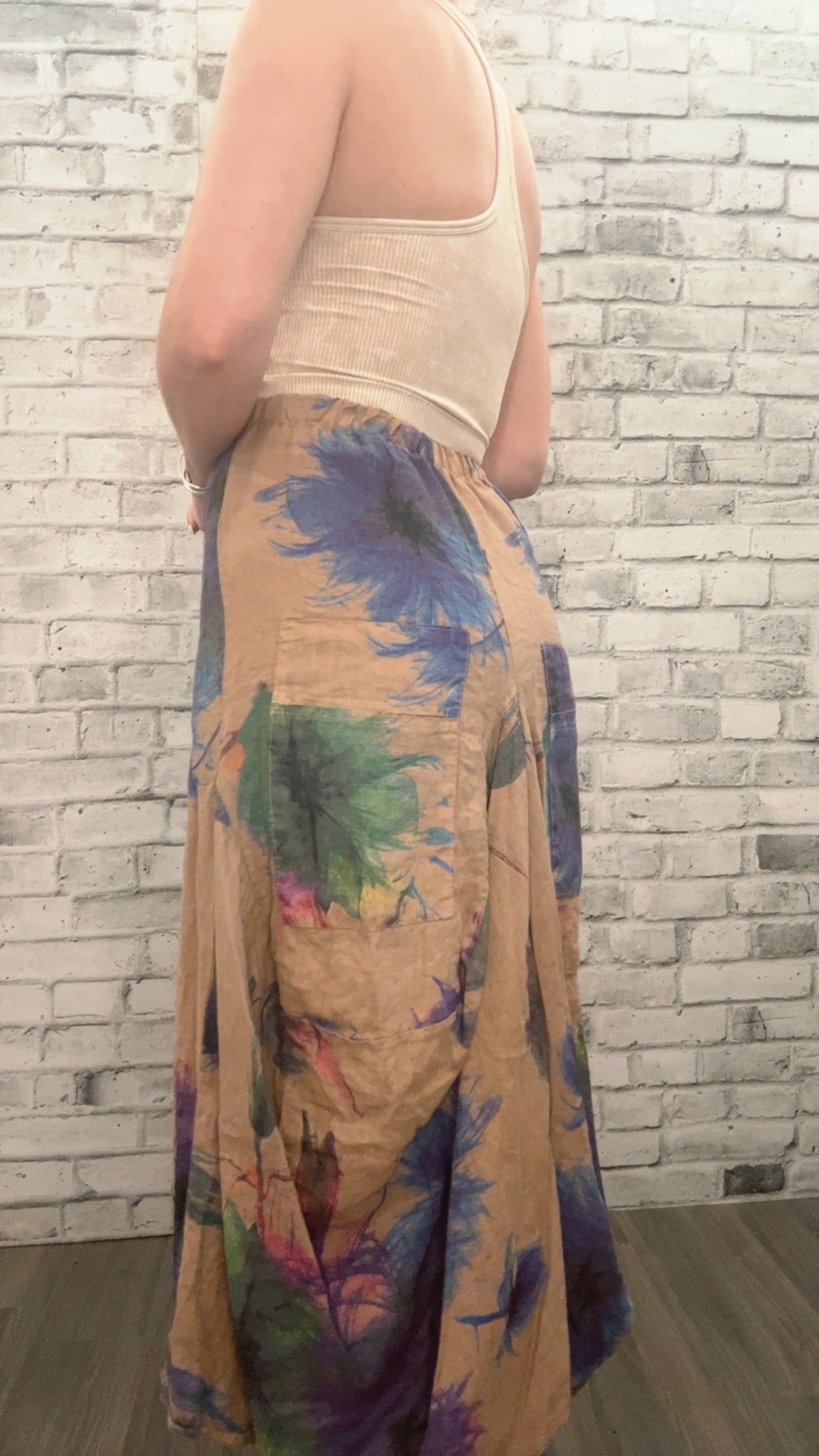 Linen Print Skirt with Pockets - 21003