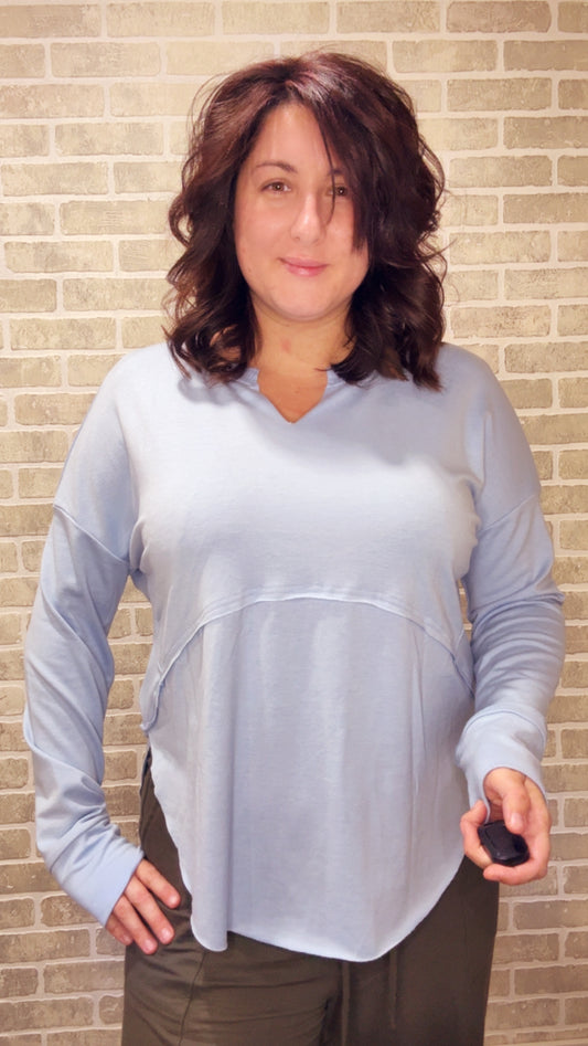 Notched Neck Blue Raw Hem Top - 50103