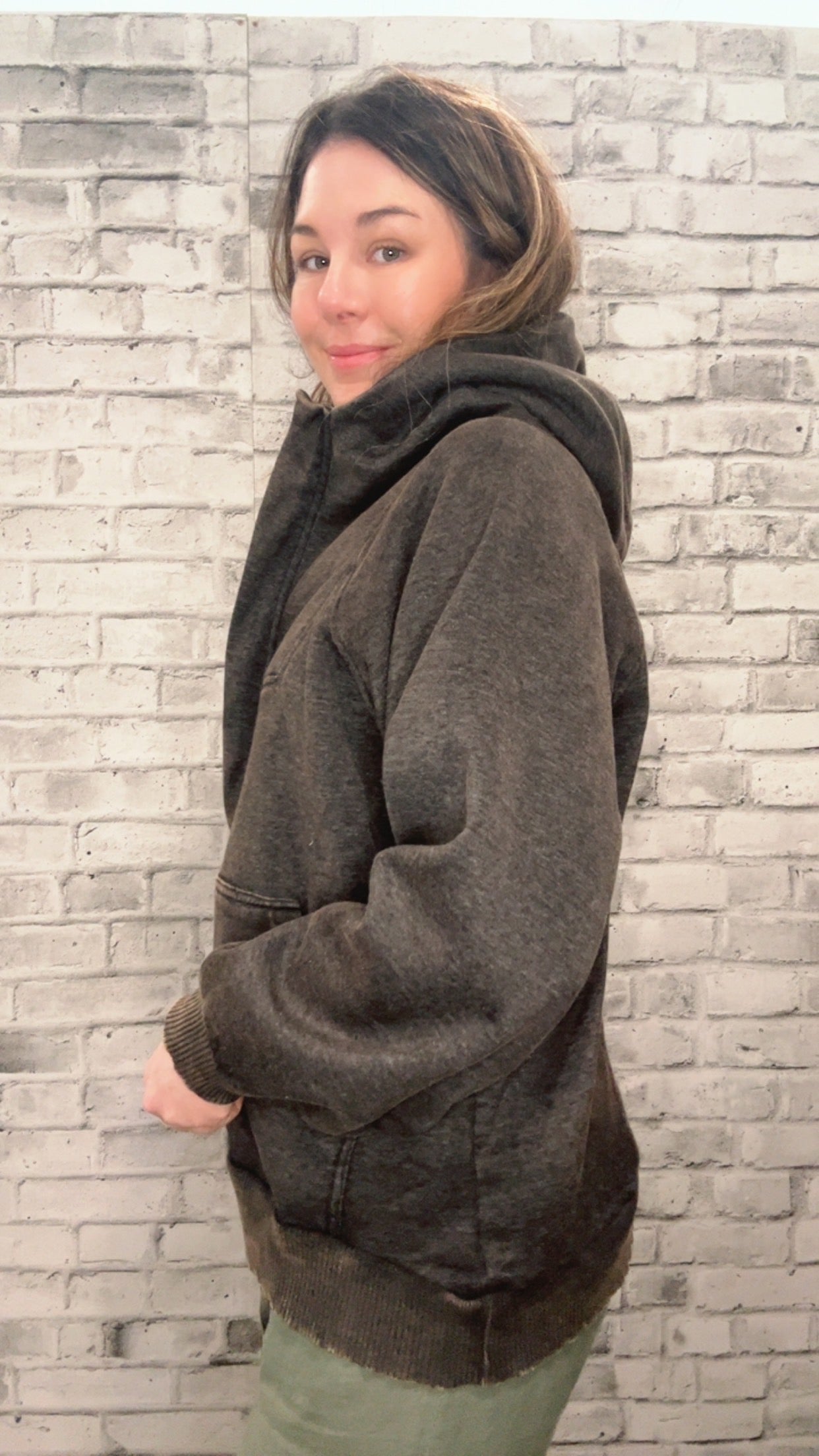 Acid Wash Fleece Oversized 1/4 Zip Kangaroo Hoodie - 50050