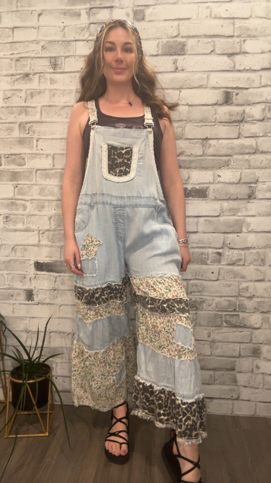 Feminine Mixed Printed Fabric Ruffle Wide Leg Overall - 90002