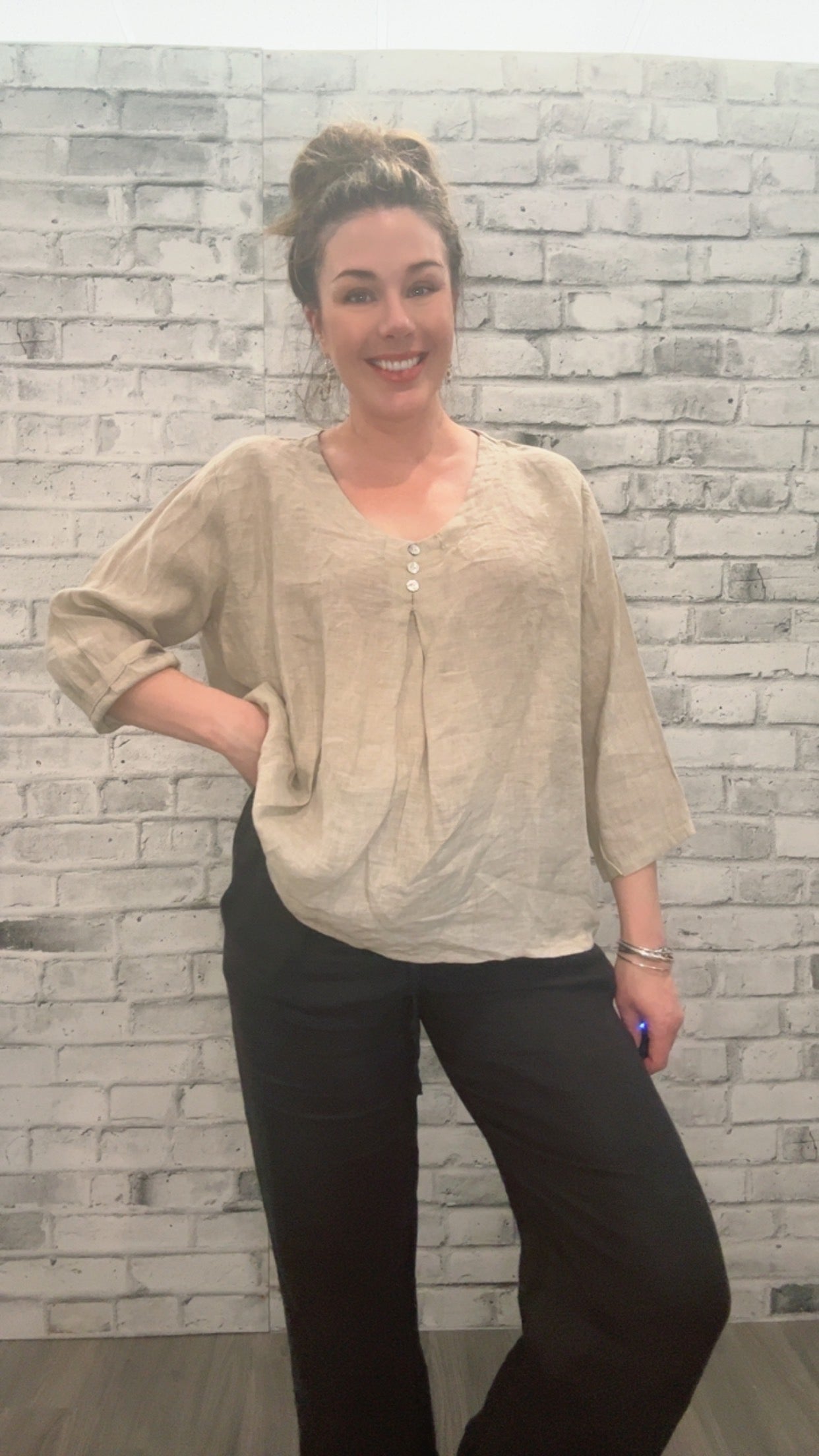 Linen Button 3/4 Sleeve Shirt - 21005
