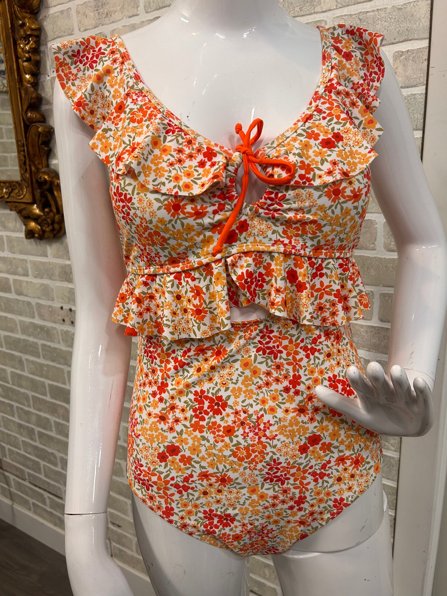 Orange flower Ruffled One Piece Bathing Suit - 60072