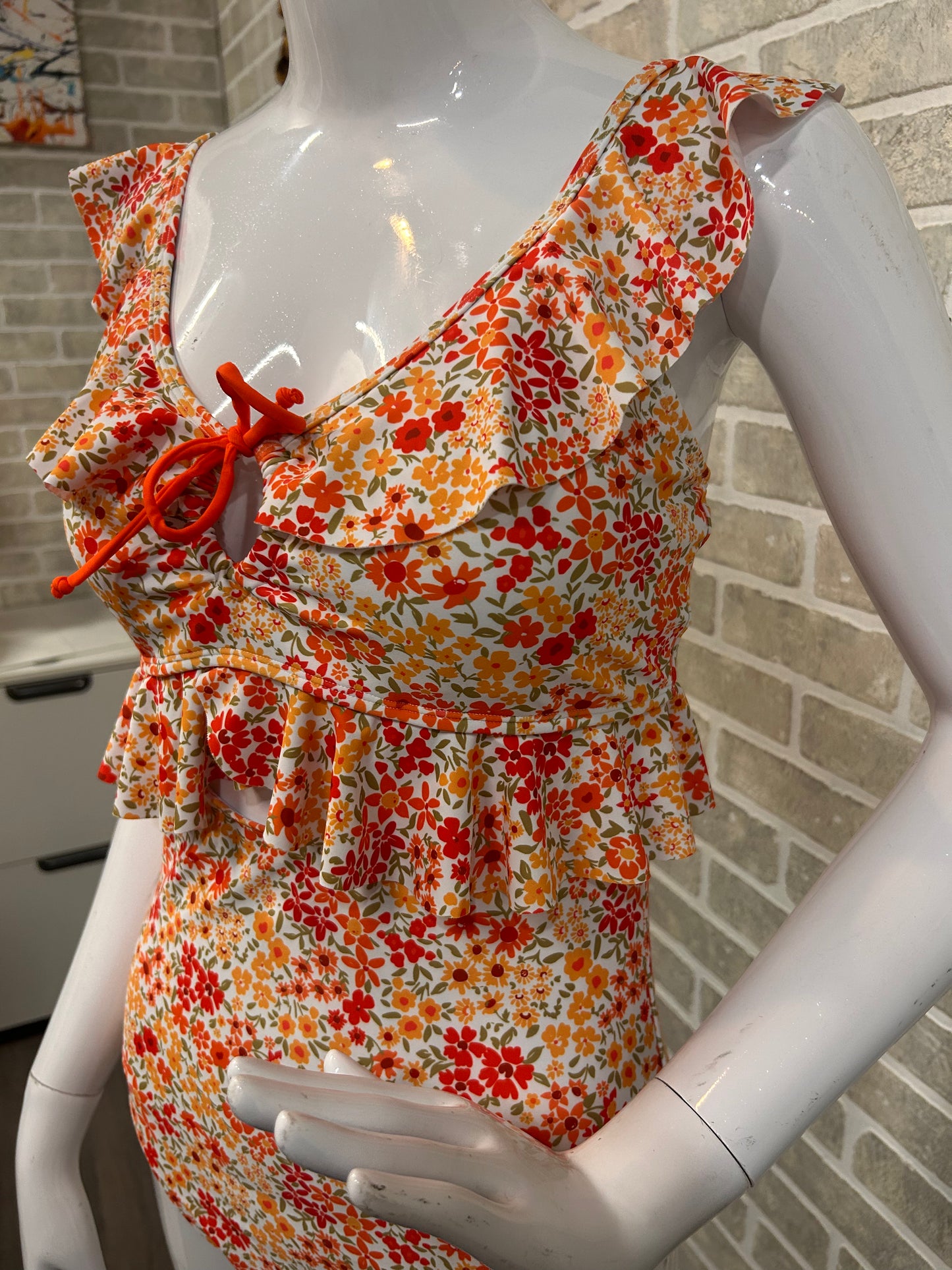 Orange flower Ruffled One Piece Bathing Suit - 60072