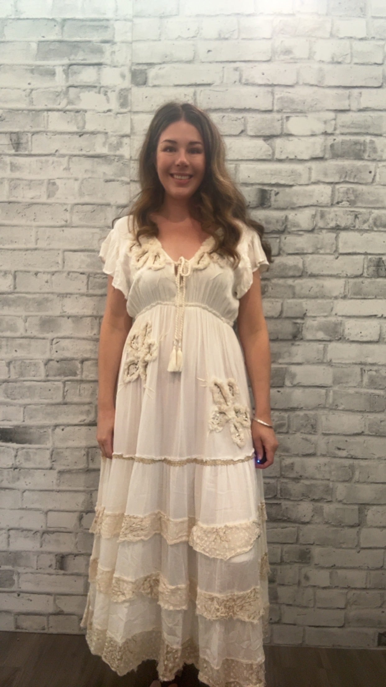 Ruffle Trim V-neck Embroidery Sequins Tassel Dress - 10040