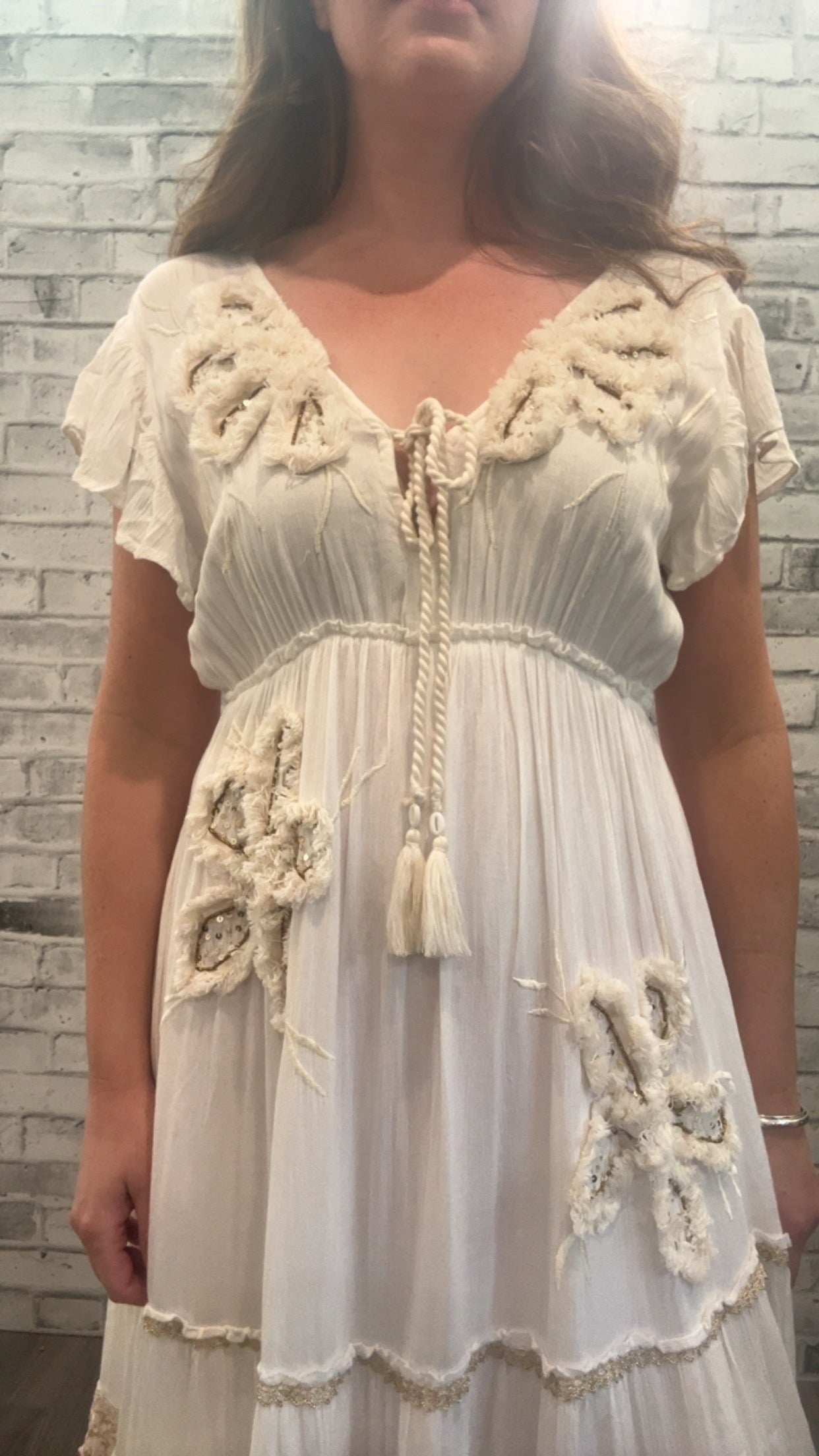 Ruffle Trim V-neck Embroidery Sequins Tassel Dress - 10040