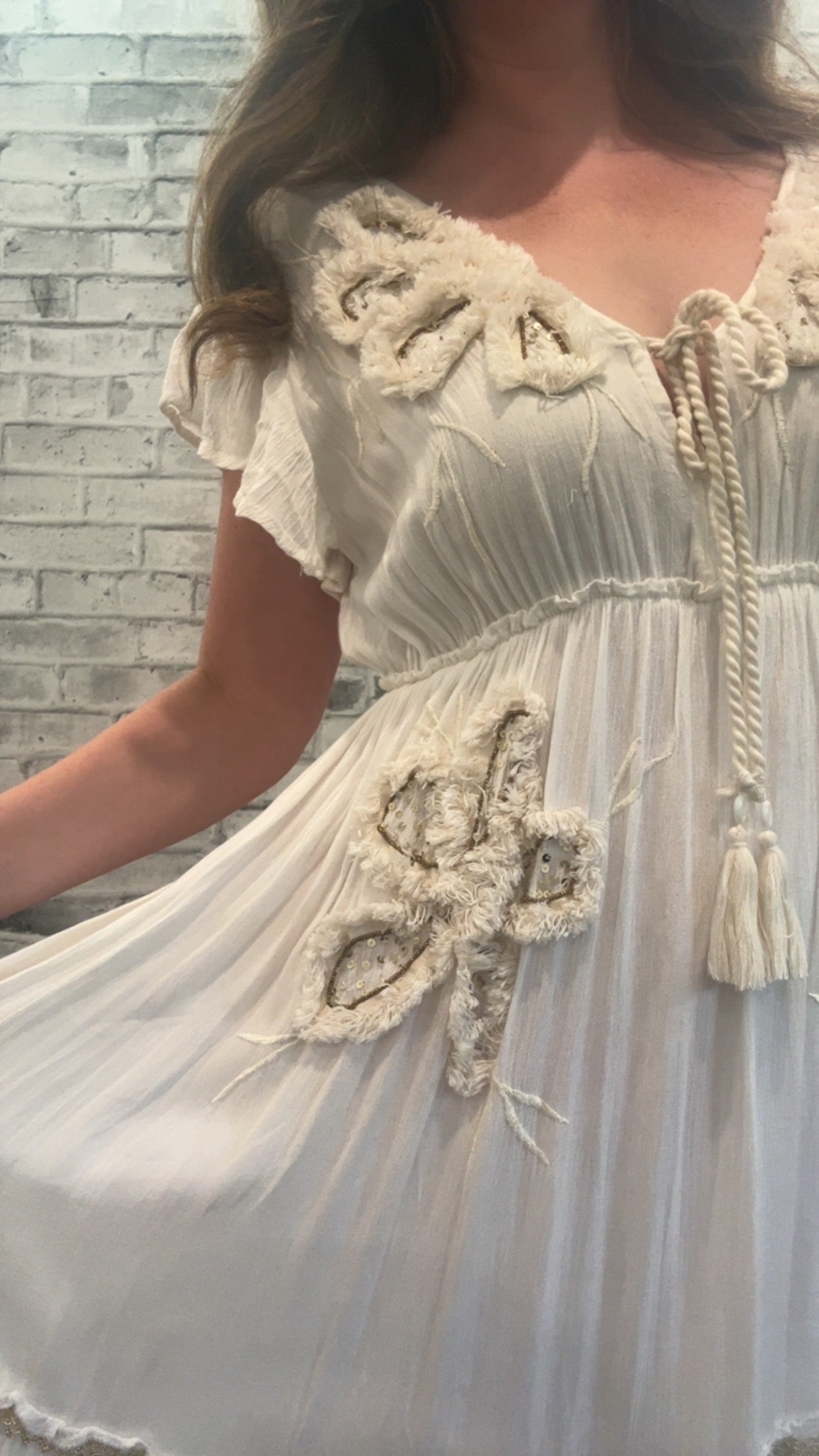 Ruffle Trim V-neck Embroidery Sequins Tassel Dress - 10040