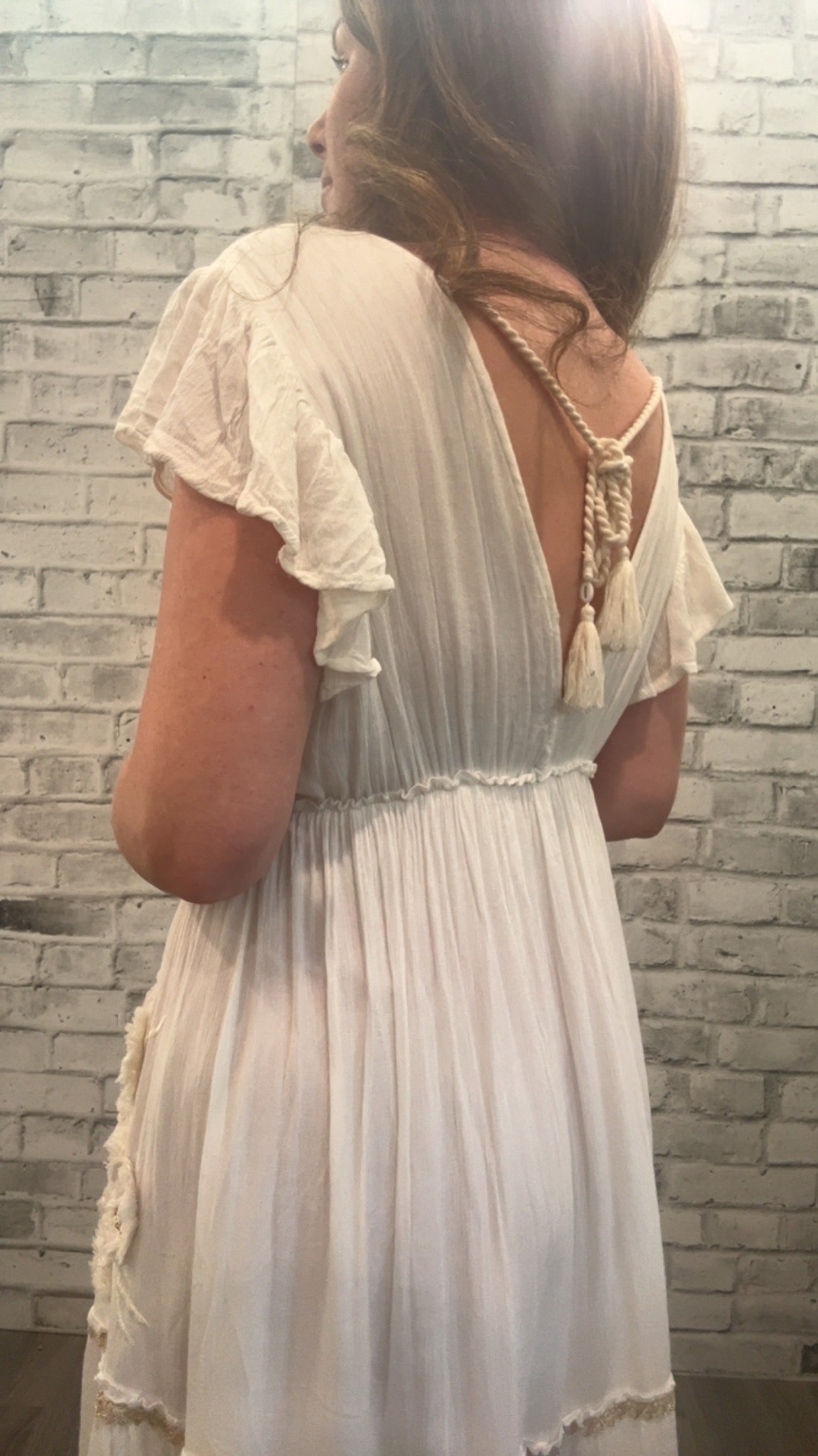 Ruffle Trim V-neck Embroidery Sequins Tassel Dress - 10040