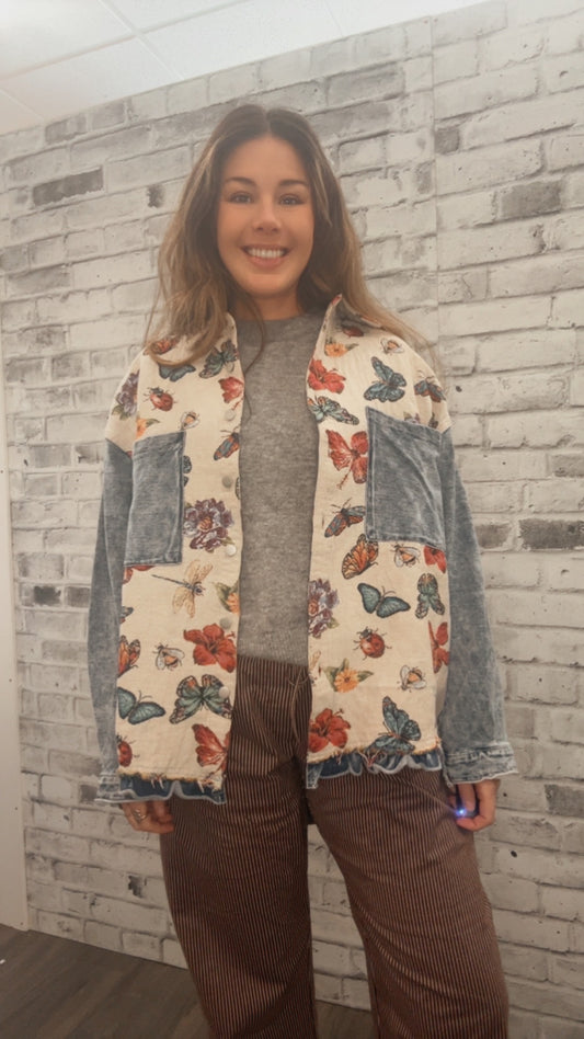 Oversized Butterfly Floral Tapestry Patch Pocket Jacket Top