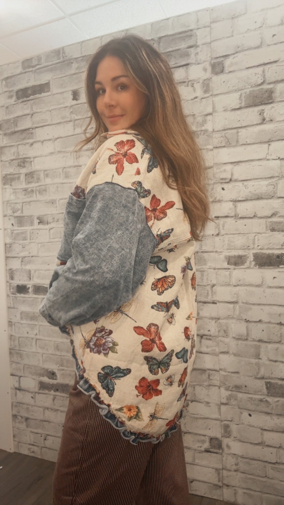 Oversized Butterfly Floral Tapestry Patch Pocket Jacket Top