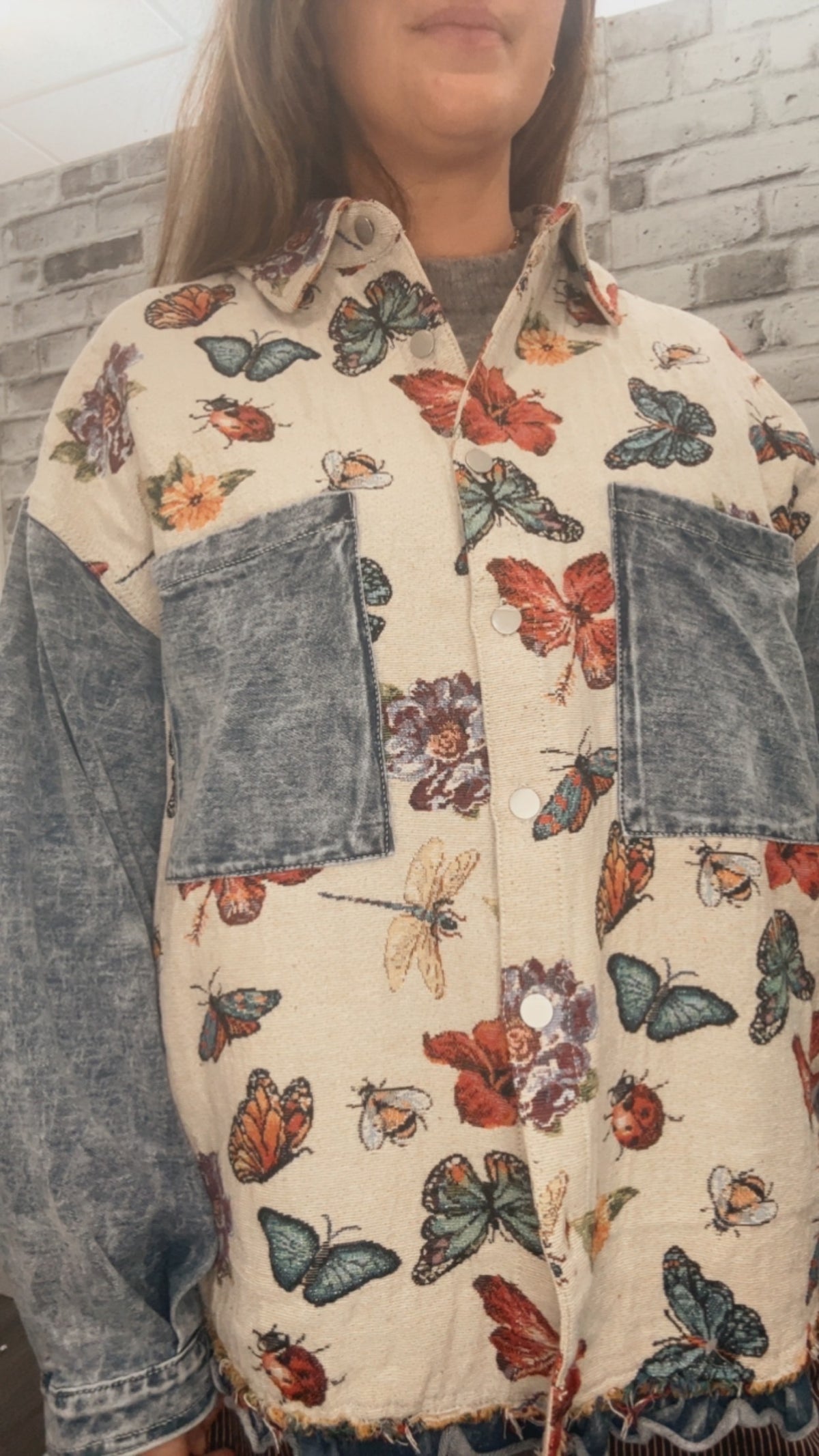 Oversized Butterfly Floral Tapestry Patch Pocket Jacket Top