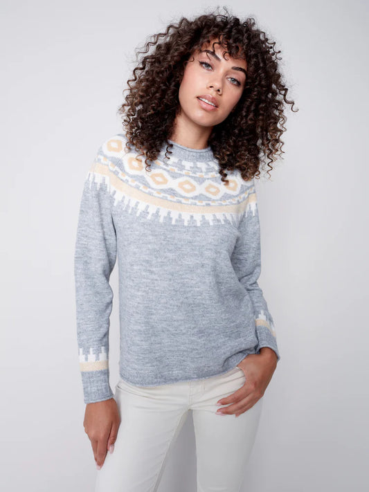 Grey knit sweater with white and gold detail - 50101