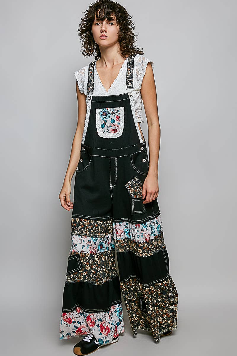 Feminine Mixed Printed Fabric Ruffle Wide Leg Overall - 90002