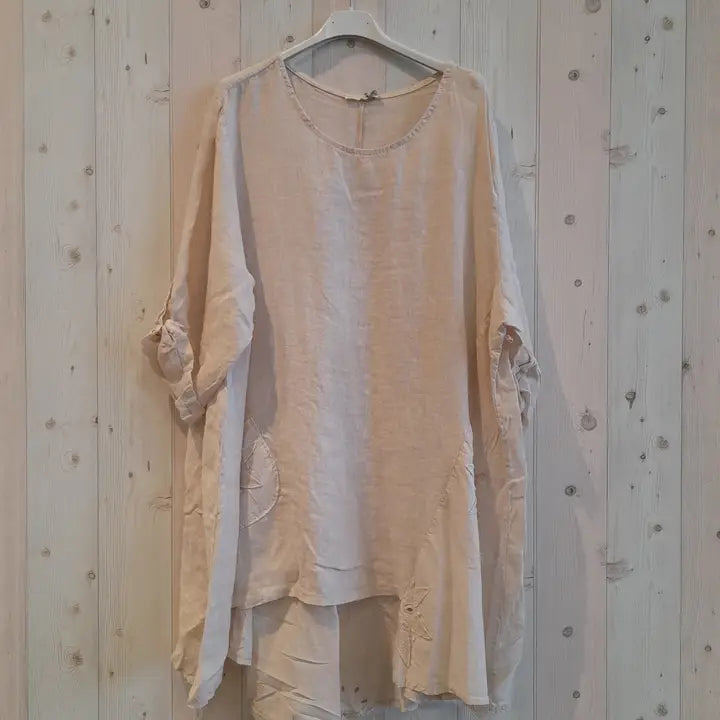 Linen Long blouse with Flower detail - 60012