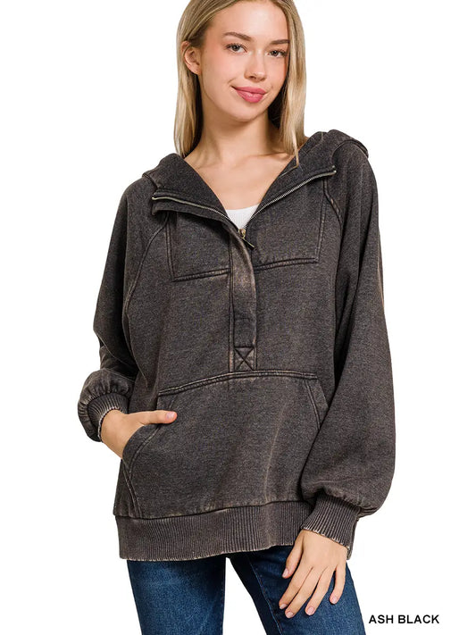 Acid Wash Fleece Oversized 1/4 Zip Kangaroo Hoodie - 50050