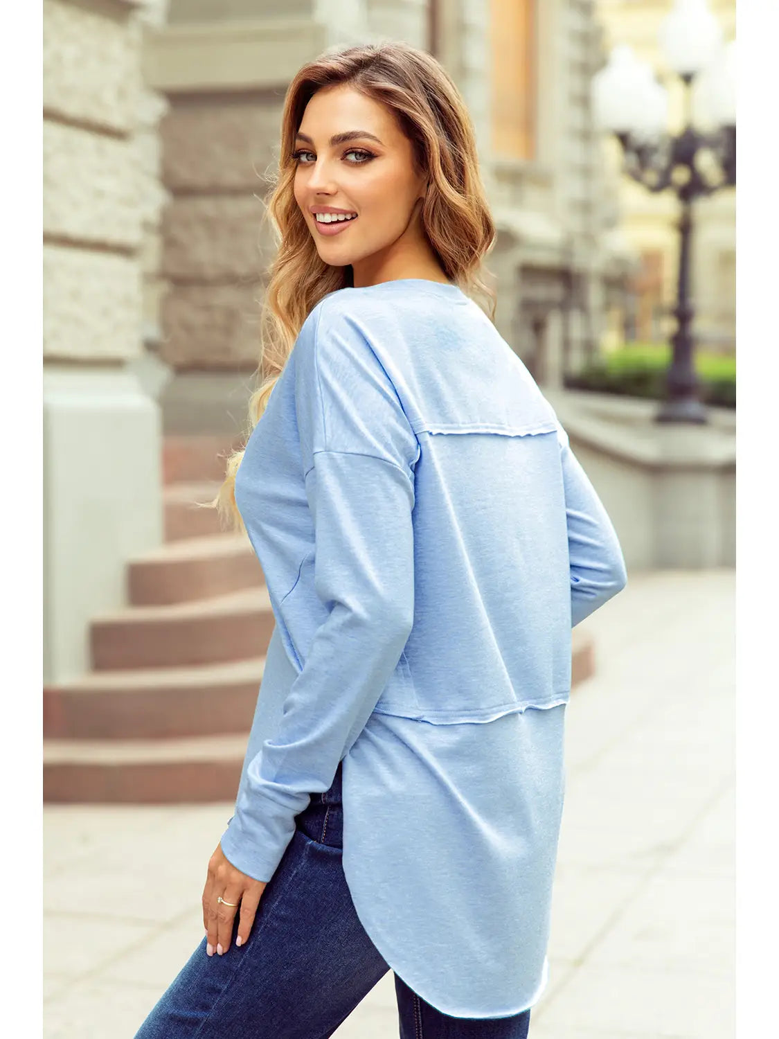 Notched Neck Blue Raw Hem Top - 50103