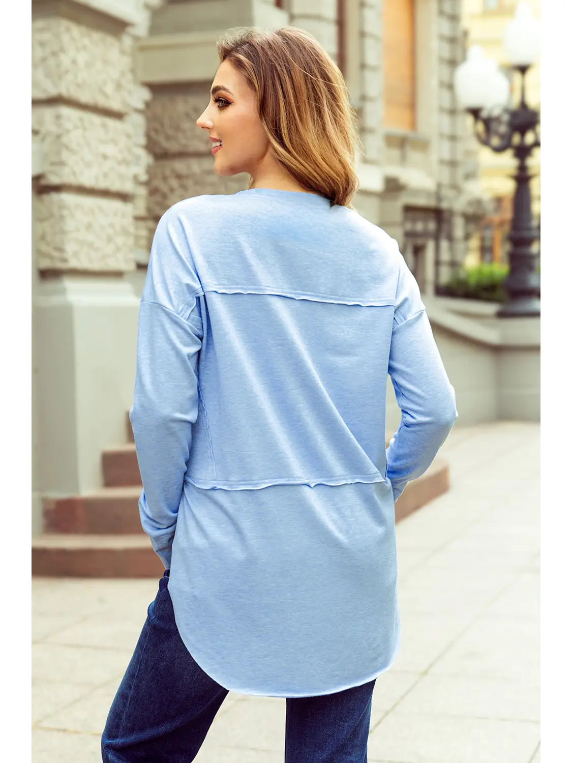 Notched Neck Blue Raw Hem Top - 50103
