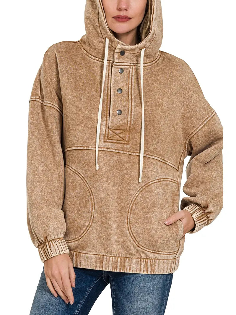 Acid Wash Fleece Oversized Pocket Hoodie - 50051