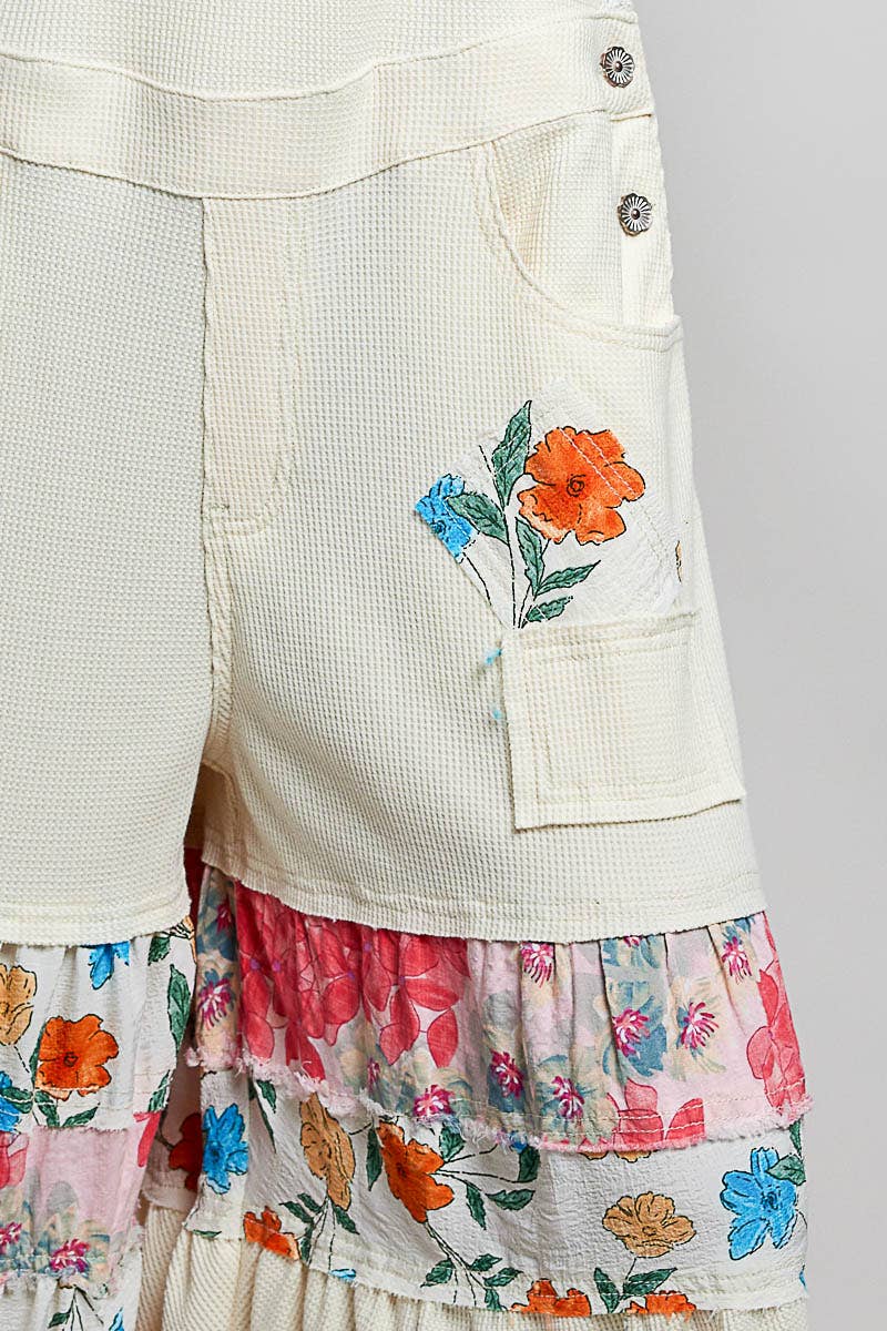 Feminine Mixed Printed Fabric Ruffle Wide Leg Overall - 90002