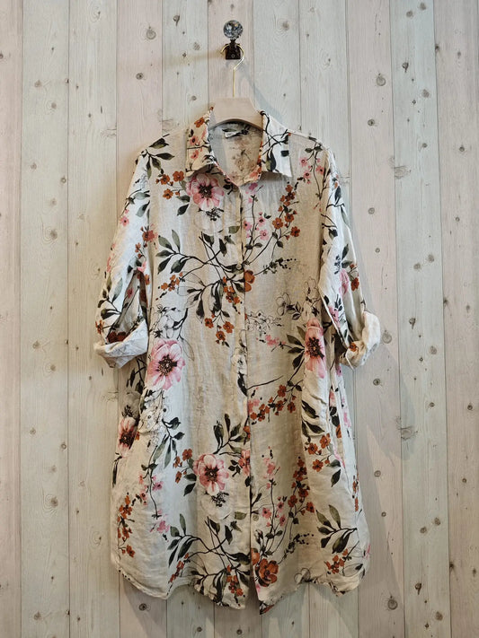 Linen Dress with Floral Print - 50083