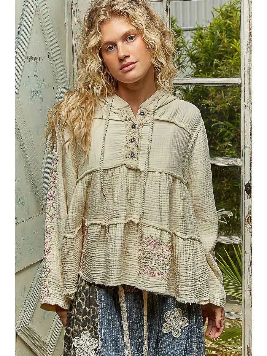 Embroidery Woven Natural Top - 50098