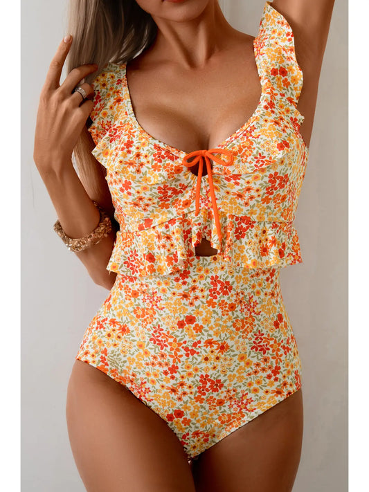 Orange flower Ruffled One Piece Bathing Suit - 60072