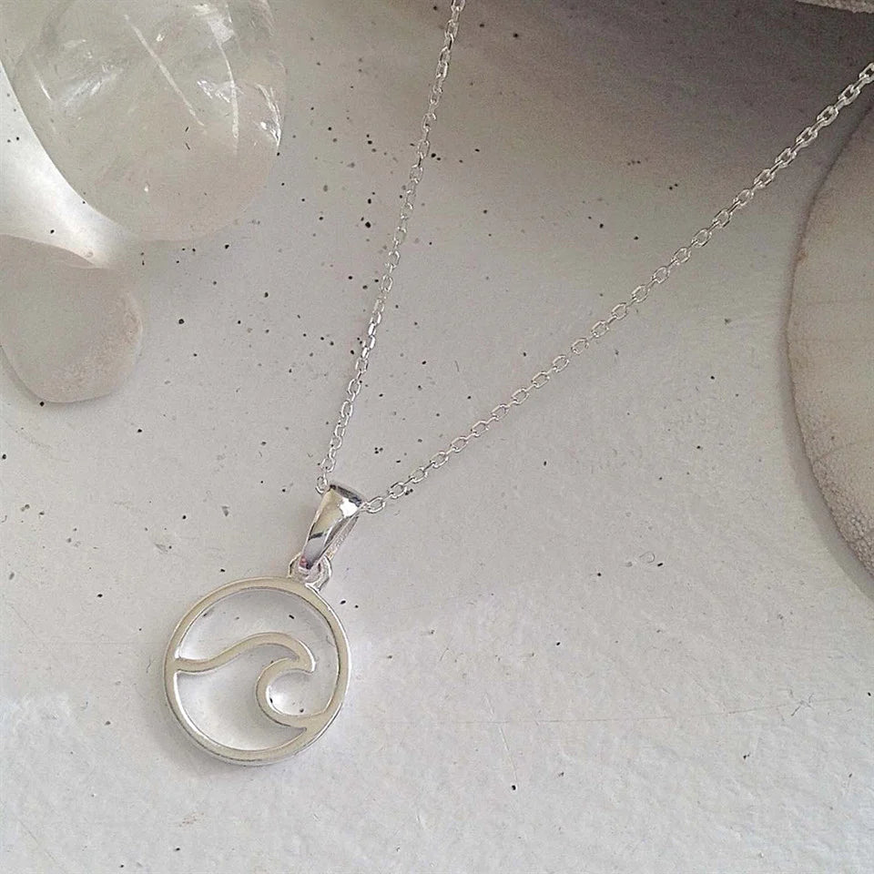 Pika and Bear Silver Wave Circle Necklace